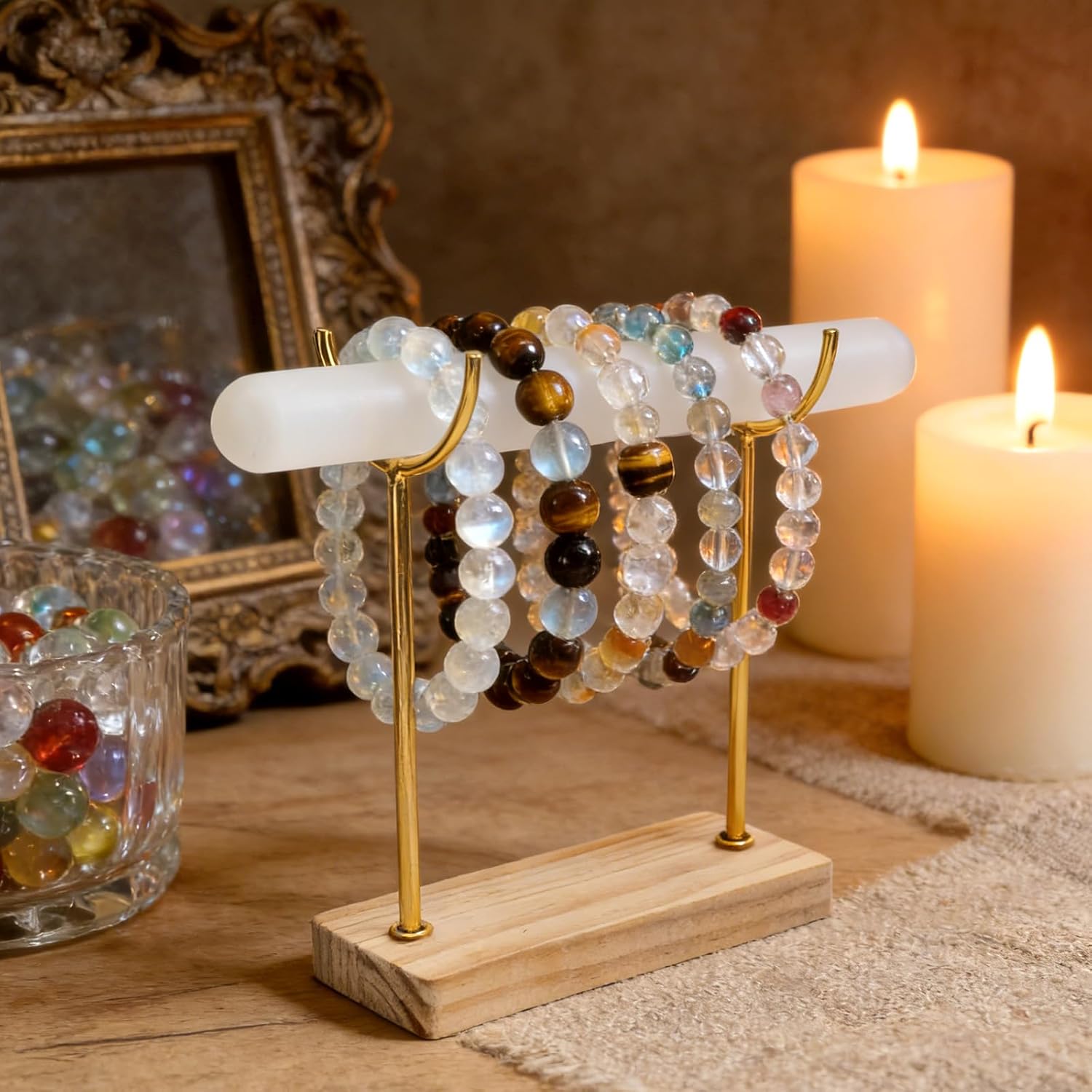 Selenite Bracelet Holder Display Stand, Detachable Crystal Jewelry Wrap Organizer with Wooden Base for Bracelets, Watches, and Bangles, Supporting Charging and Cleansing