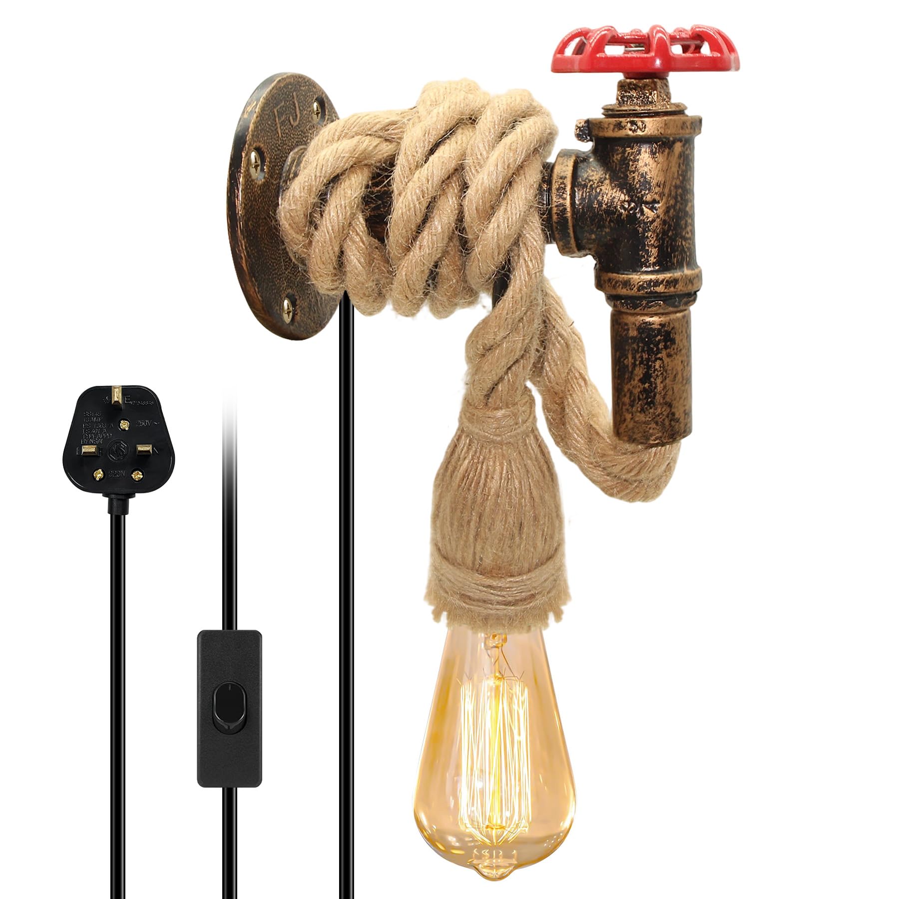 Plug in Wall Lamp with 220CM Cable and Switch, Water Pipe Wall Light Steampunk Industrial Vintage, Retro Metal Wall Sconce, Antique Wall Light Fixture, Hemp Rope E27 Lamp Holder, for Bar Kitchen