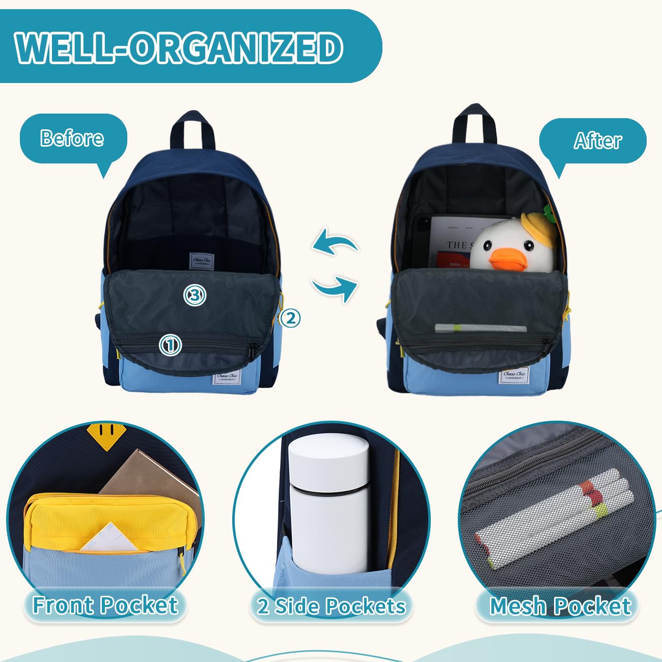 Chase Chic Zaino Scuola Elementare, 6-11 Anni Zaino Ragazze Bambino Resistente All'Acqua per Scuola Primaria per Sport e Viaggi Bambini