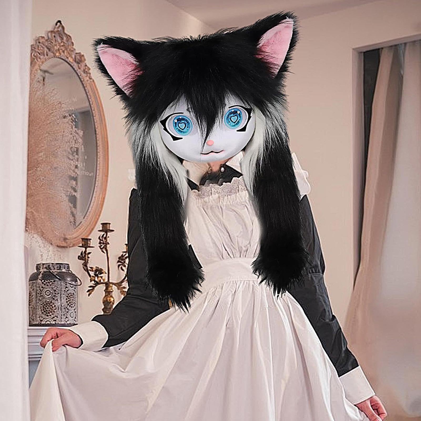 Teste di Cosplay in Pelliccia - Maschera di gatto animale con grandi occhi e peli lunghi | Accessorio per travestimento peluche realistico per donne uomini convenzione anime teatro festa di Halloween