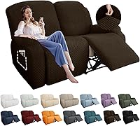 Vista 23 de YEMYHOM Funda elástica de 4 piezas para silla reclinable de jacquard con bolsillo lateral, antideslizante, ajustable, protector de muebles con parte