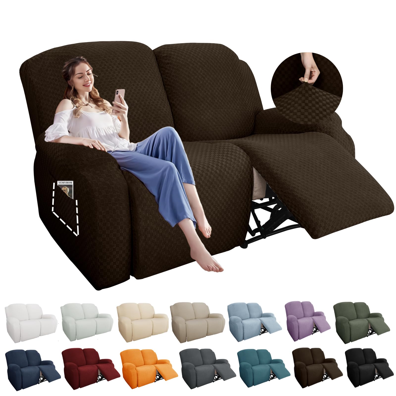 YEMYHOM 6 Pieces Stretch Loveseat Recliner Slipcover Jacquard Recliner Sofa Cover with Side Pocket Fitted Recliner Cover Couch Furniture Protector with Elastic Bottom (Loveseat Recliner, Dark Coffee)