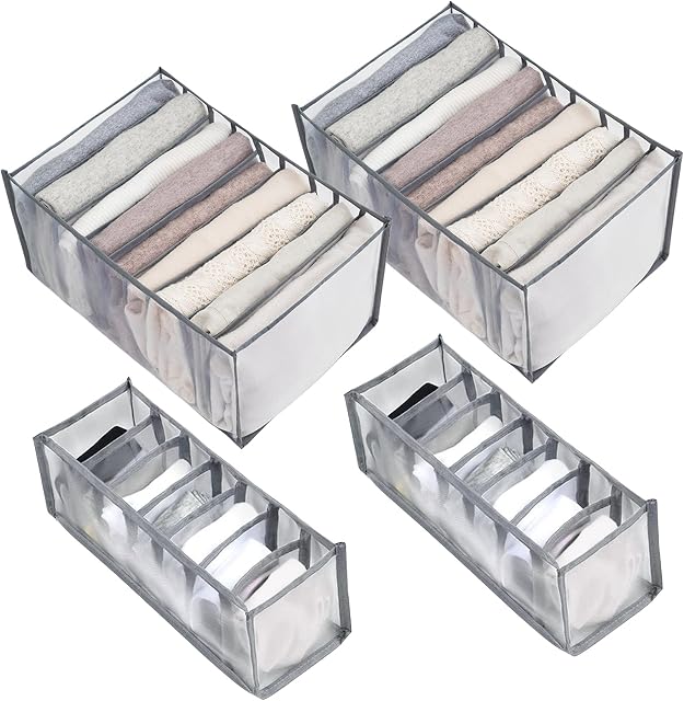 SelfTek 4 Pcs Wardrobe Clothes Organizer Foldable Clothes Drawer Organisers Mesh Clothes Storage Boxes Visible Grid Closet Drawer Divider for Jeans, Underwear, Socks, Leggings, T-shirts, 2xL+2xM