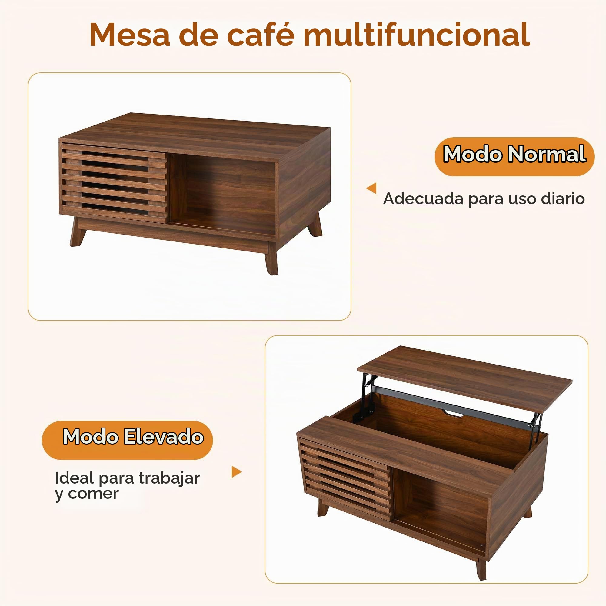 SACOOL Mesa de centro moderna retro, altura ajustable, puerta corredera, efecto nogal, cuerpo de MDF, mesa de salón multifuncional, nogal