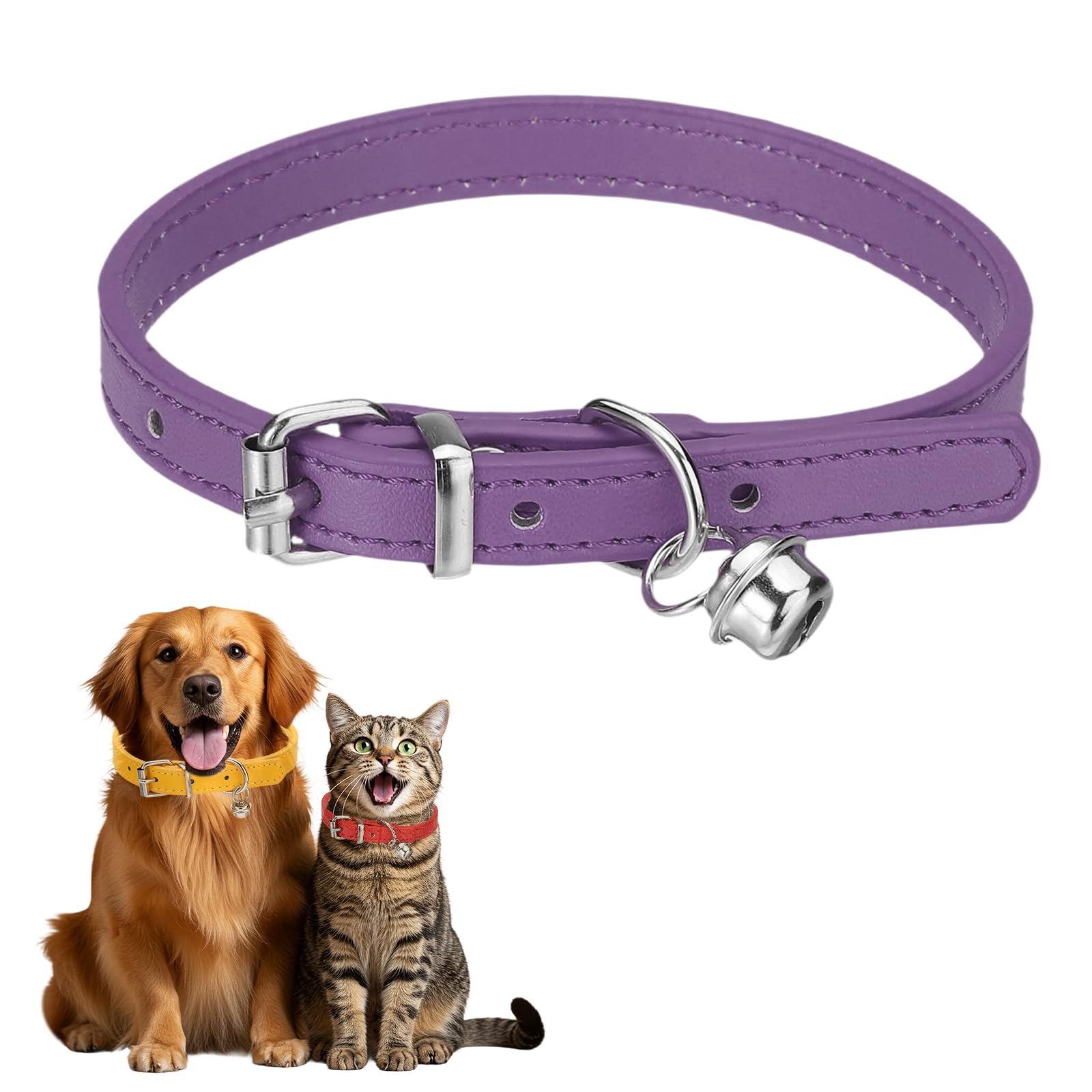 sourcing map Dog Collar with Bell, Pu Leather Cat Collars Pet Basic Soft Padded Adjustable Buckle, 12" (Purple, 1 Pcs), Intended for Teacup/Little Dog/Kitten Cats/Small Animals