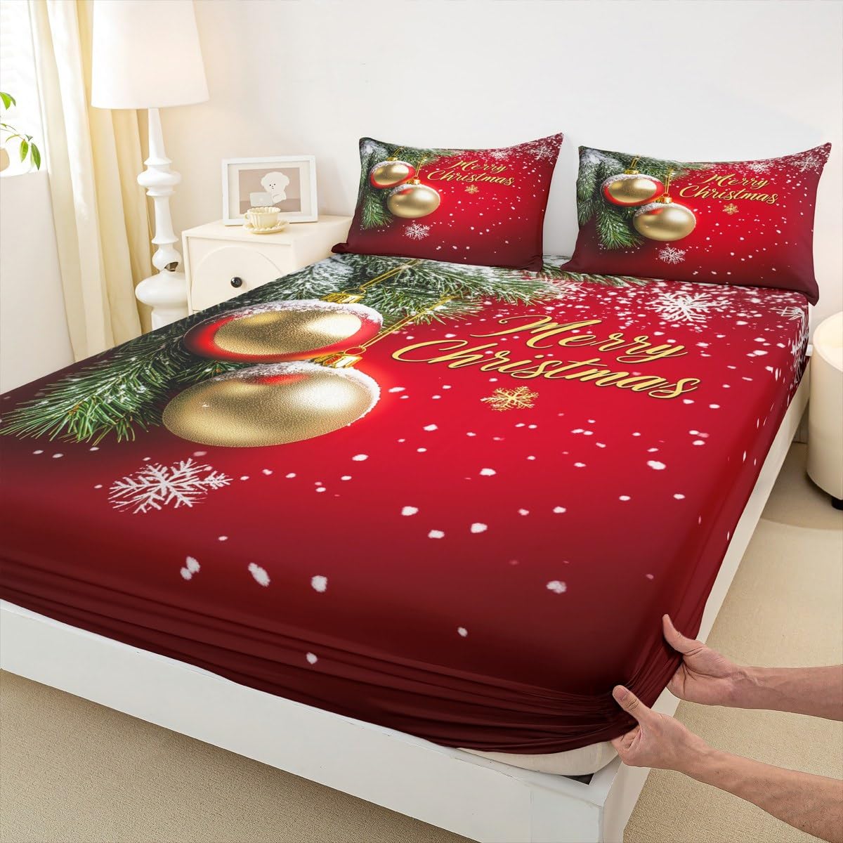 Homewish Juego de ropa de cama con diseño de campanas de Navidad doradas, sábana bajera ajustable de copo de nieve, para niños, adolescentes, niñas, adultos, temática de Año Nuevo, 3 piezas