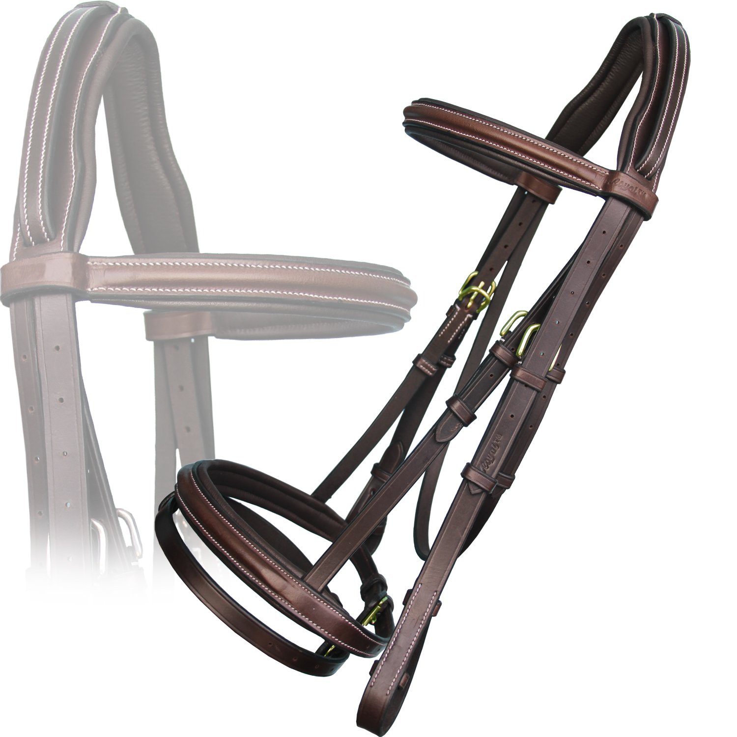Exion - Set di briglie imbottite in pelle con impugnatura in gomma PP e fibbie in ottone per cavalli imbottite, Havana (Choco Brown), Medium (Cob)