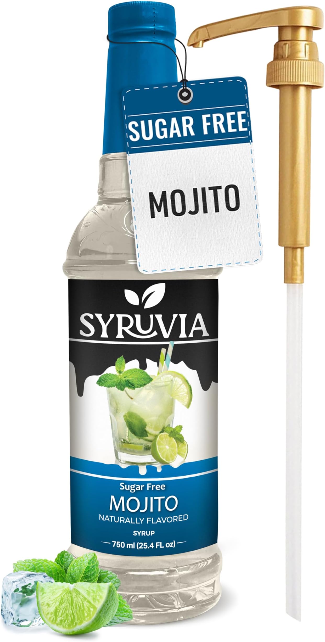 Syruvia Sugar Free Mojito Syrup, Flavored Syrup for Cocktails, Drinks, Lemonades, Iced Teas, and Desserts – 25.4 fl oz, With Pump