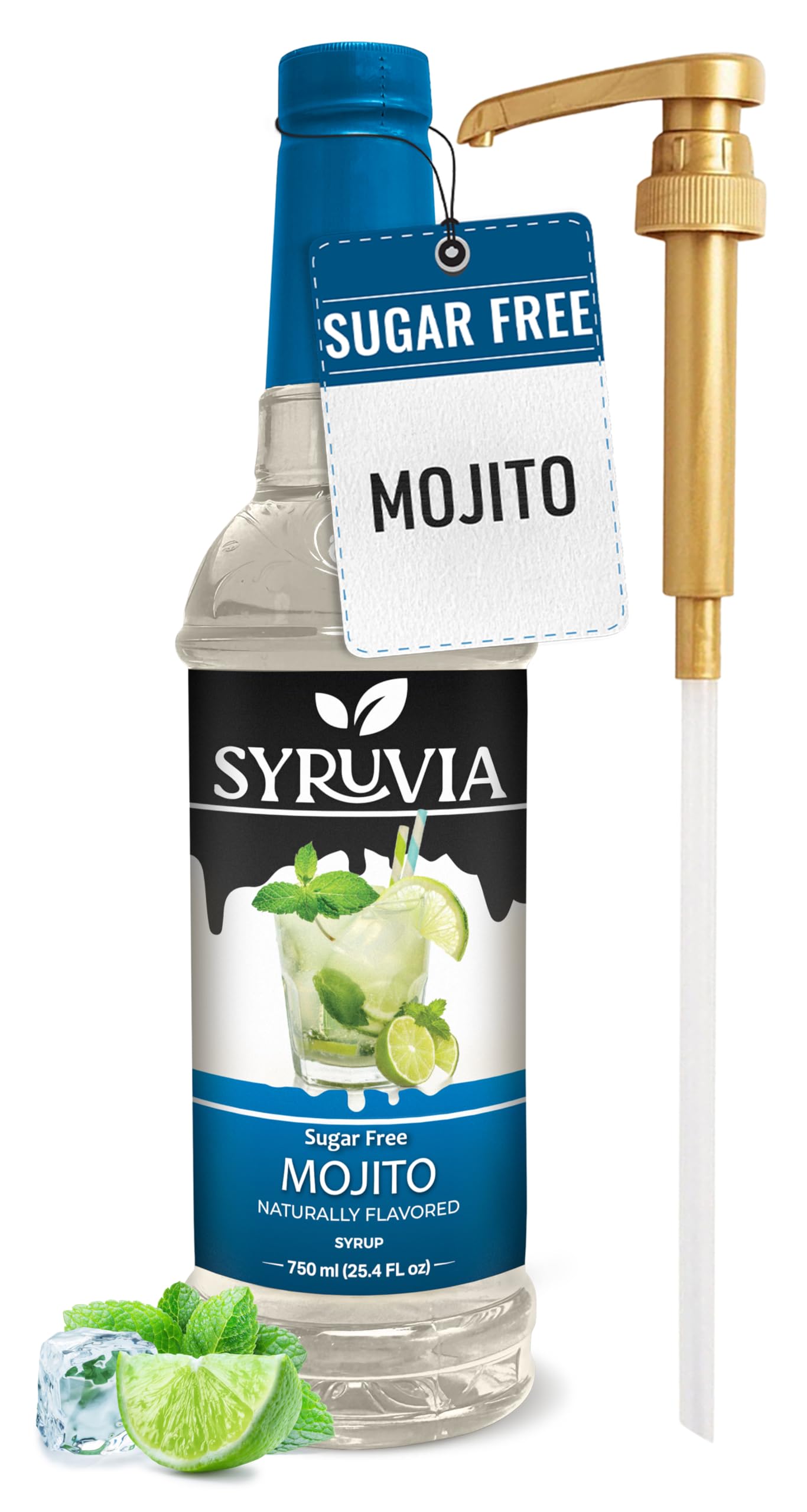 Syruvia Sugar Free Mojito Syrup, Flavored Syrup for Cocktails, Drinks, Lemonades, Iced Teas, and Desserts – 25.4 fl oz, With Pump