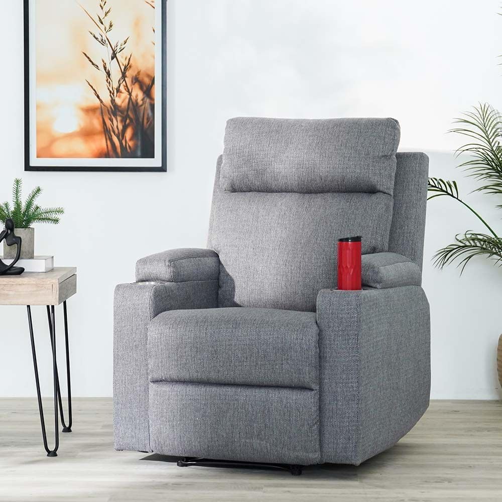 Danube Home Taylor 1 Seater Fabric Power Recliner With Massage Options & Cup Holder | Modern Design One Seat Relaxing Chair | Comfortable Living Room Furniture L 77 x W 84 x H 104 cm - Grey