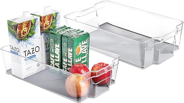 Clear Refrigerator Organizer Bins - 2 Pack XL Sized (9" x 15") Clear Bins for Fridge with Liners, Containers for Fridge and Freezer, Multipurpose Storage for Kitchen, Office, Bathroom (Grey)