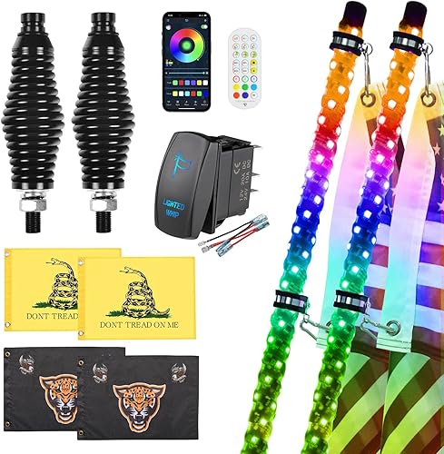 Miniatura 18 de Paquete de 2 Luces de Látigo de 4 Pies con Base de Resorte, Luz de Látigo LED con App y Control Remoto, Látigos Iluminados RGB en Espiral