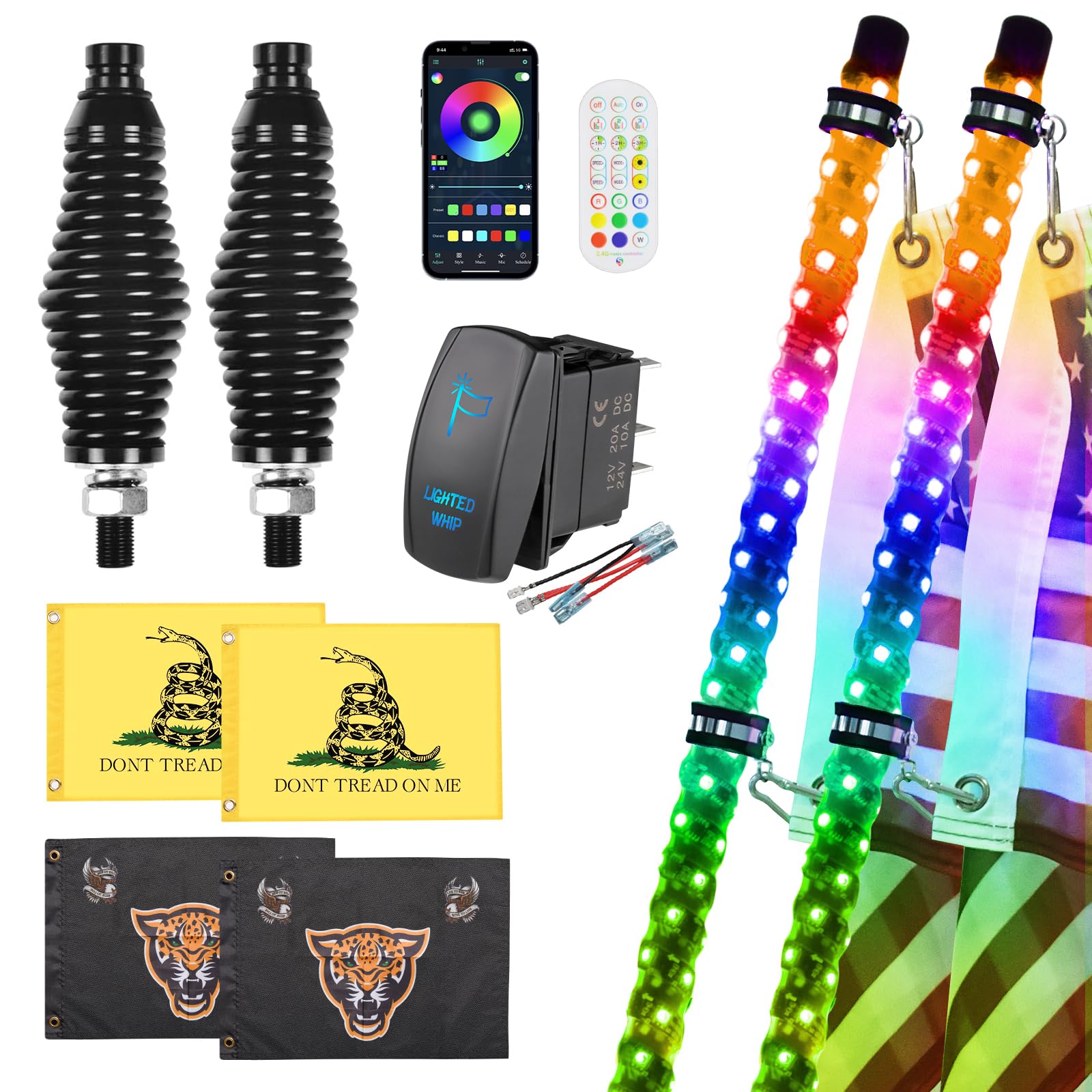 Ehaho 2 Pack 6FT Whip Lights with Spring Base,LED Whip Light with App &amp; Remote Control,Spiral RGB Chasing Lighted Whips with Rocker Switch,Music Whip Light for UTV ATV Polaris RZR Can-Am SXS Truck