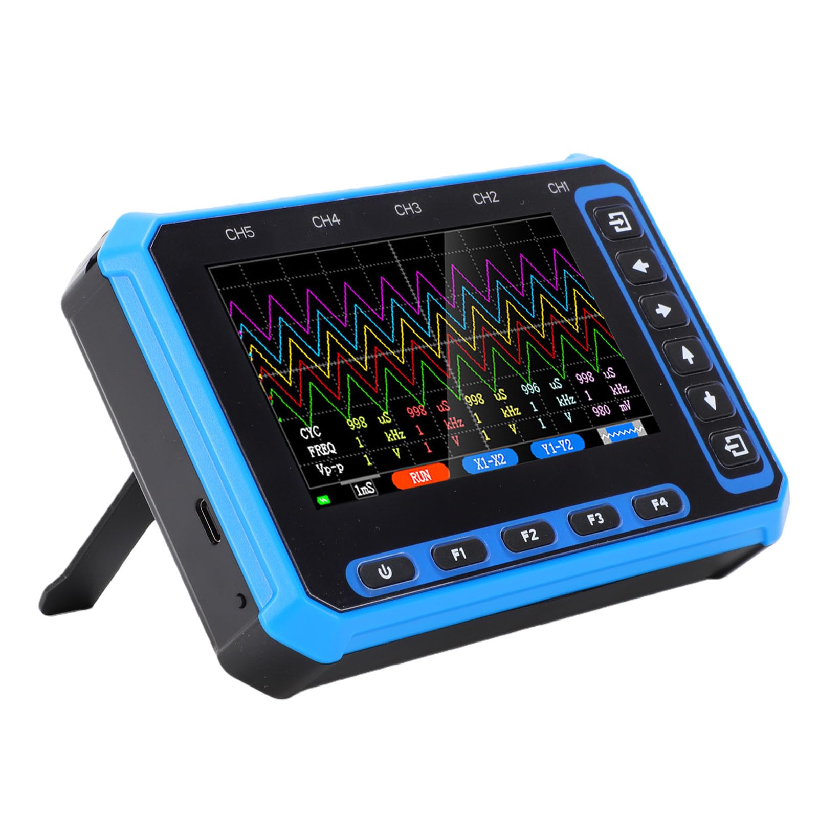 Jiawu Osciloscopio de 5 Canales, Osciloscopio Digital de Frecuencia de Muestreo de 3MHz, Analizador de Forma de Onda Portátil con 5 Sondas 10X para Software de PC Aplicación Móvil