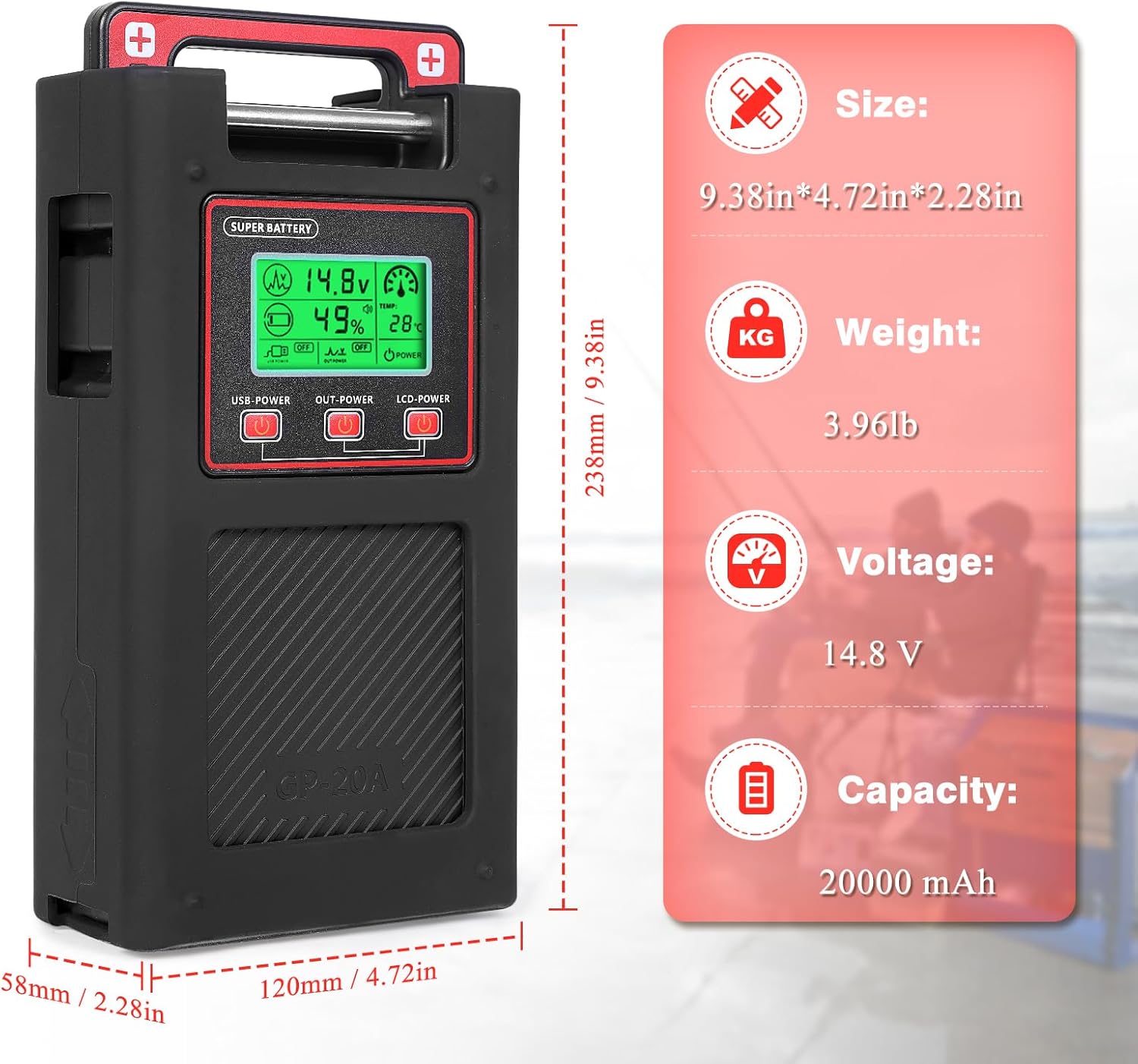 New Electric Reel Battery. 14.8V 20000mAh. Includes 1.5M Connecting Cable. Power Output. USB Port. Display. Three Modes Turn on or Off Individually. Smarter Battery Make Fishing More Fun.