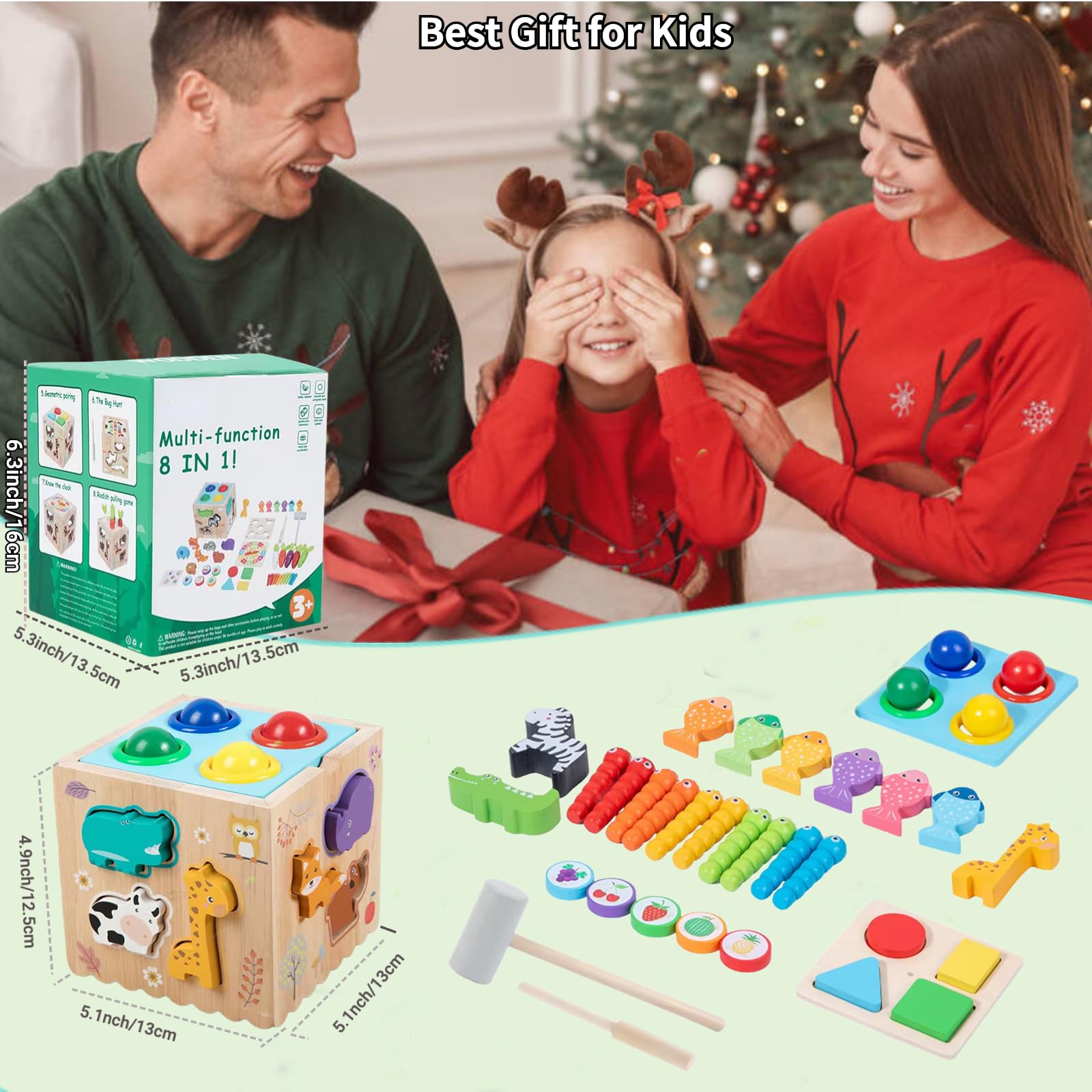 Giocattolo Montessori 8 In 1 In Legno Per Bambini 3-8 Anni - Cubo Attività Con Pesca, Forme, Frutta E Orologio - Gioco Educativo E Sensoriale