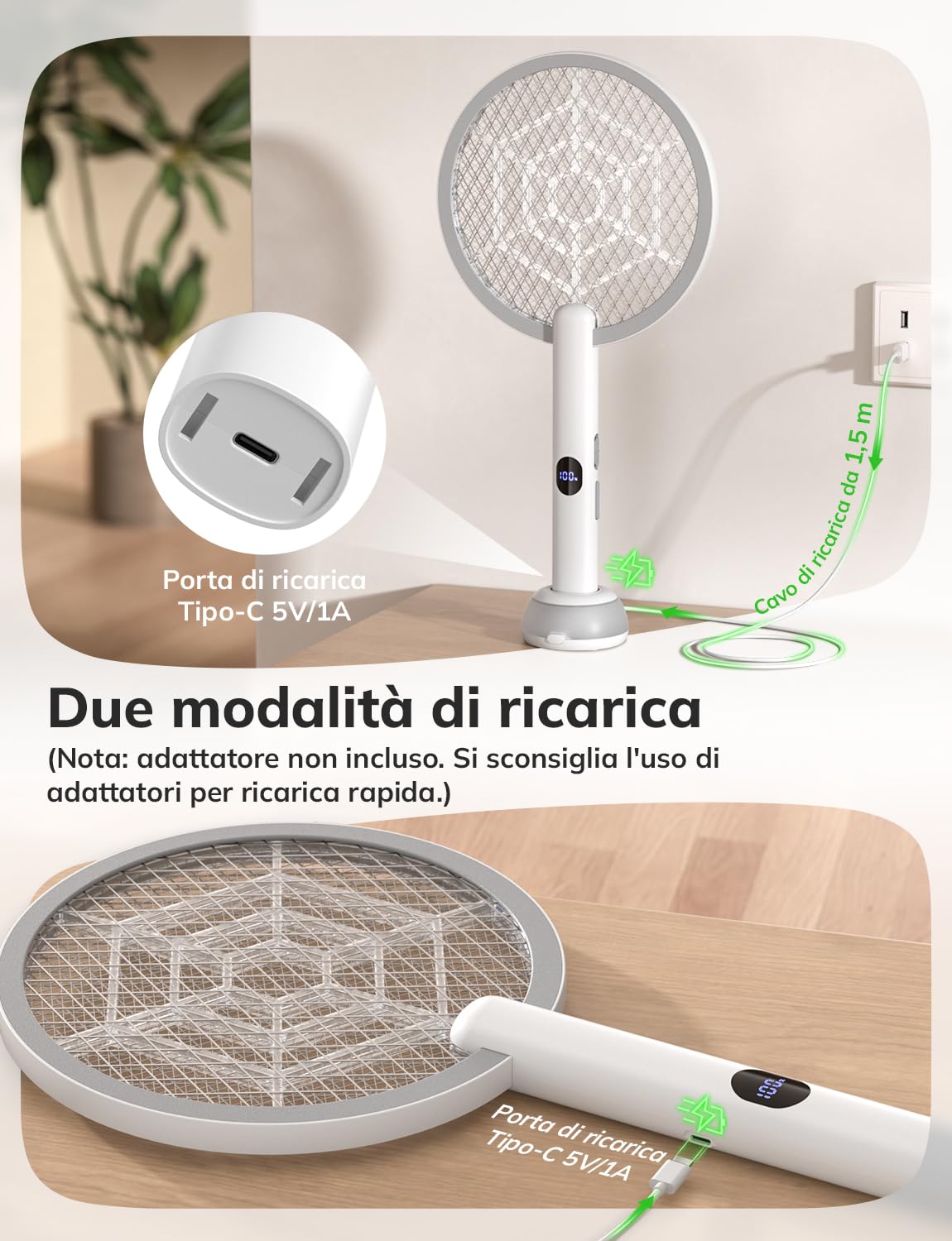 YISSVIC 2 Racchetta Zanzare Elettrica 4000V 1800mAh 2-in-1 Ricaricabile Via USB-C, con Luce UV, Base di Ricarica e Due modalità di Luce Notturna – Bianco