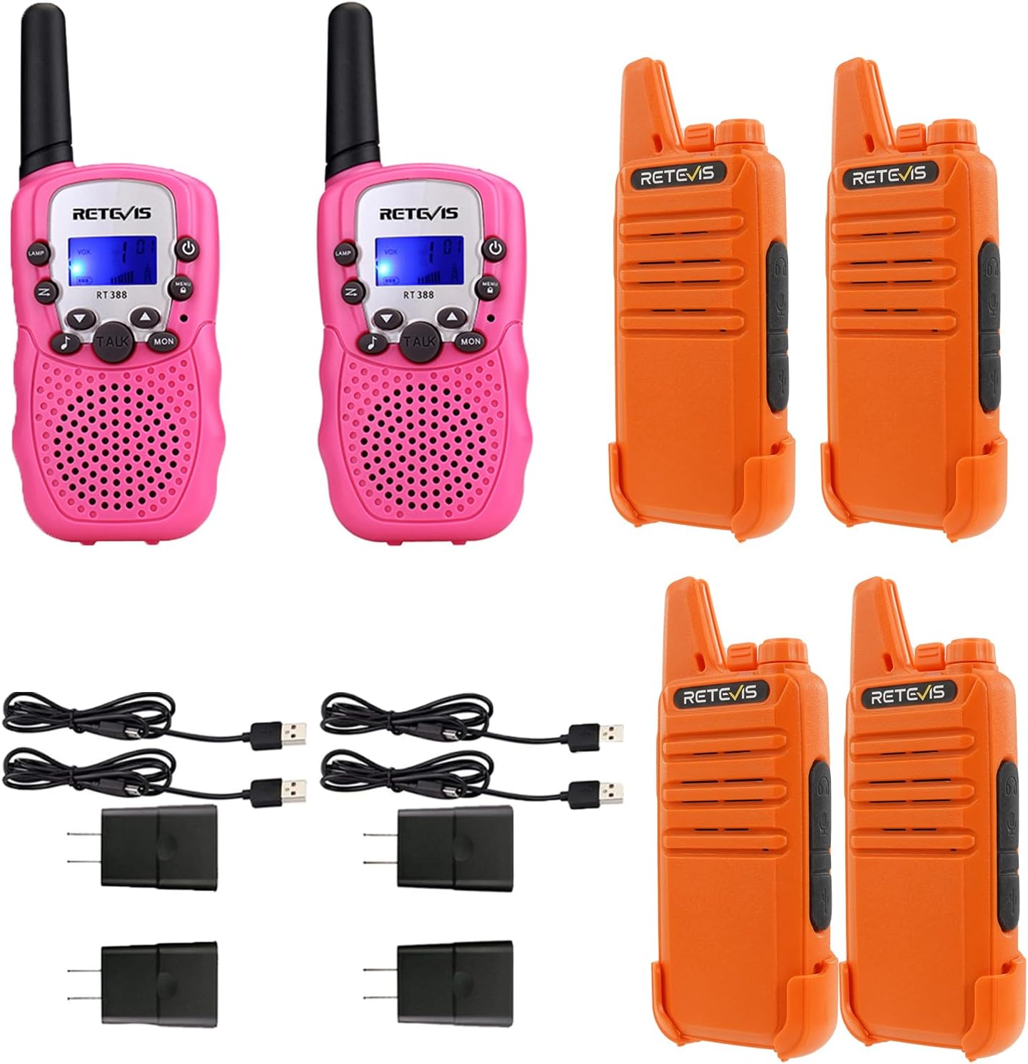 Retevis RT22 Rechargeable Walkie Talkies, Long Range Two Way Radio for Adults (4 Pack, Orange) Bundle with RT388 Walkie Talkies for Kids,Kids Toys Long Range 2 Way Radio, Walkie Talkie for Camping