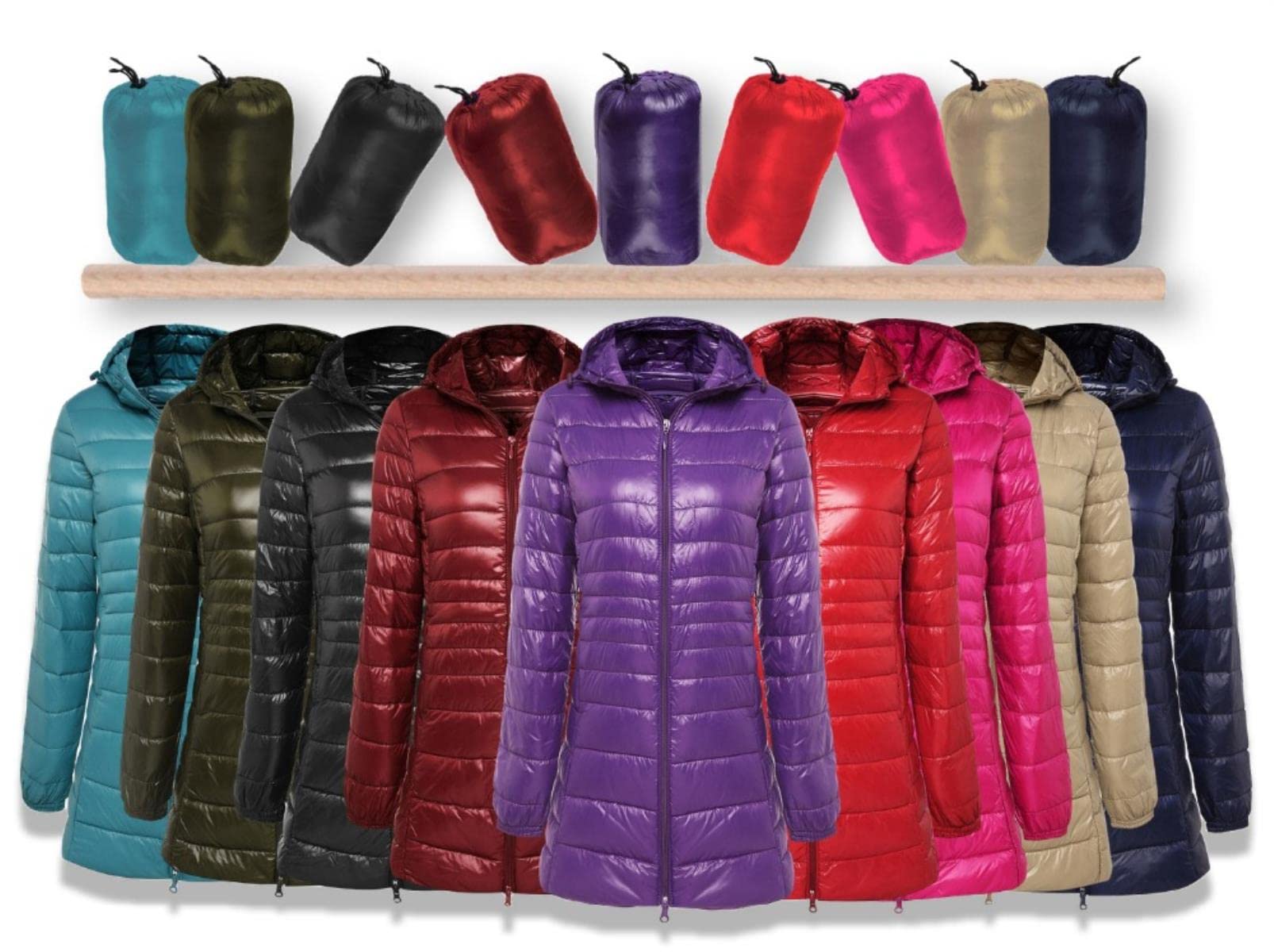 Piumino lungo da donna caldo con borsa portatile da donna, ultra leggero e ultra leggero, da donna, lunghezza ai fianchi, cachi, 6XL