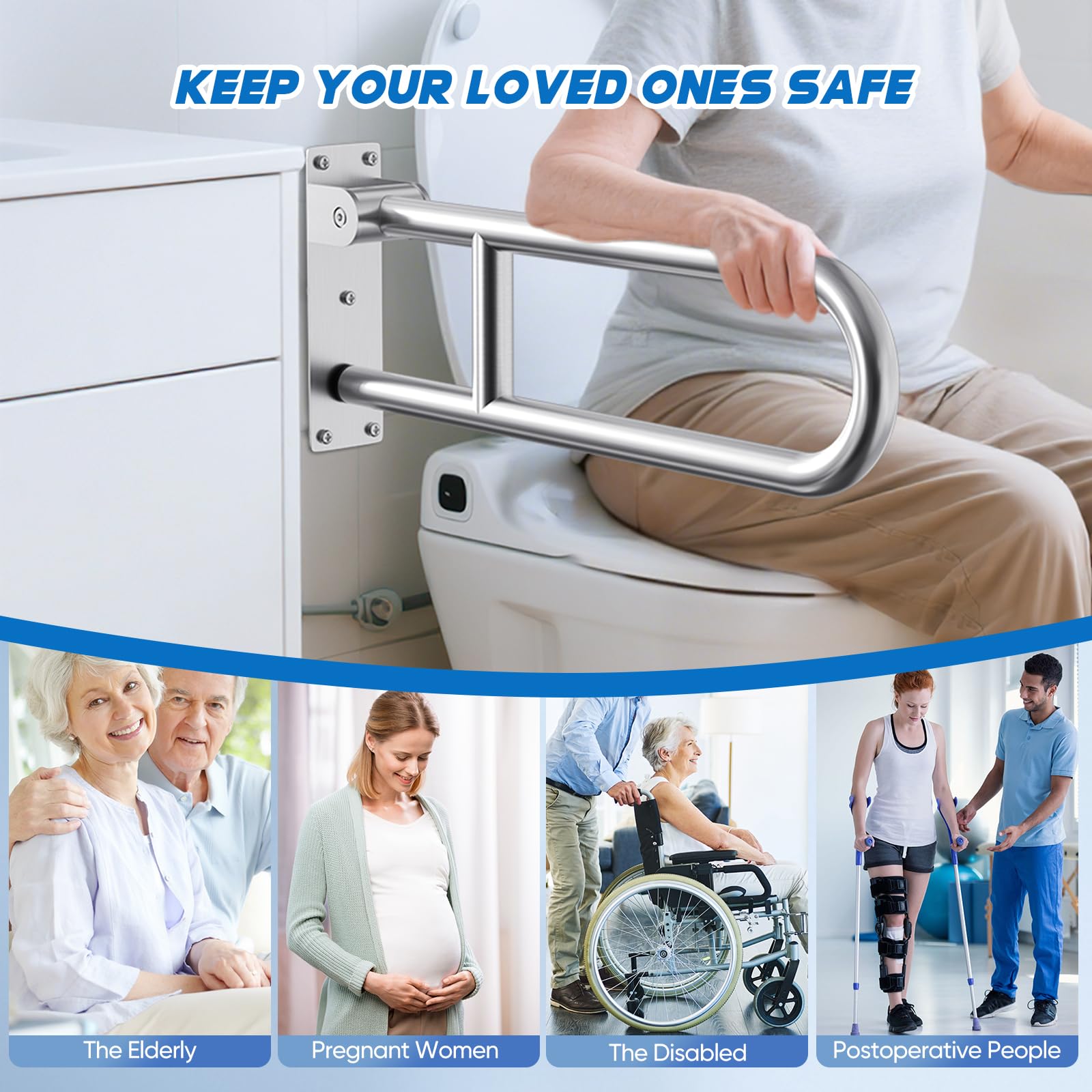 60cm Maniglione Bagno Disabili, Maniglioni Bagno per Anziani, Acciaio inossidabile 304, Capacità di Carico 150 kg, Maniglione Ribaltabile Bagno per Anziani, Incinta, Disabili