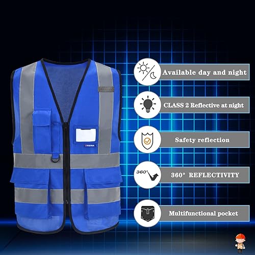 Miniatura 3 de A-SAFETY - Chalecos de seguridad azules, chaleco de seguridad reflectante, color neón brillante con 4 bandas reflectantes y 8 bolsillos, color azul