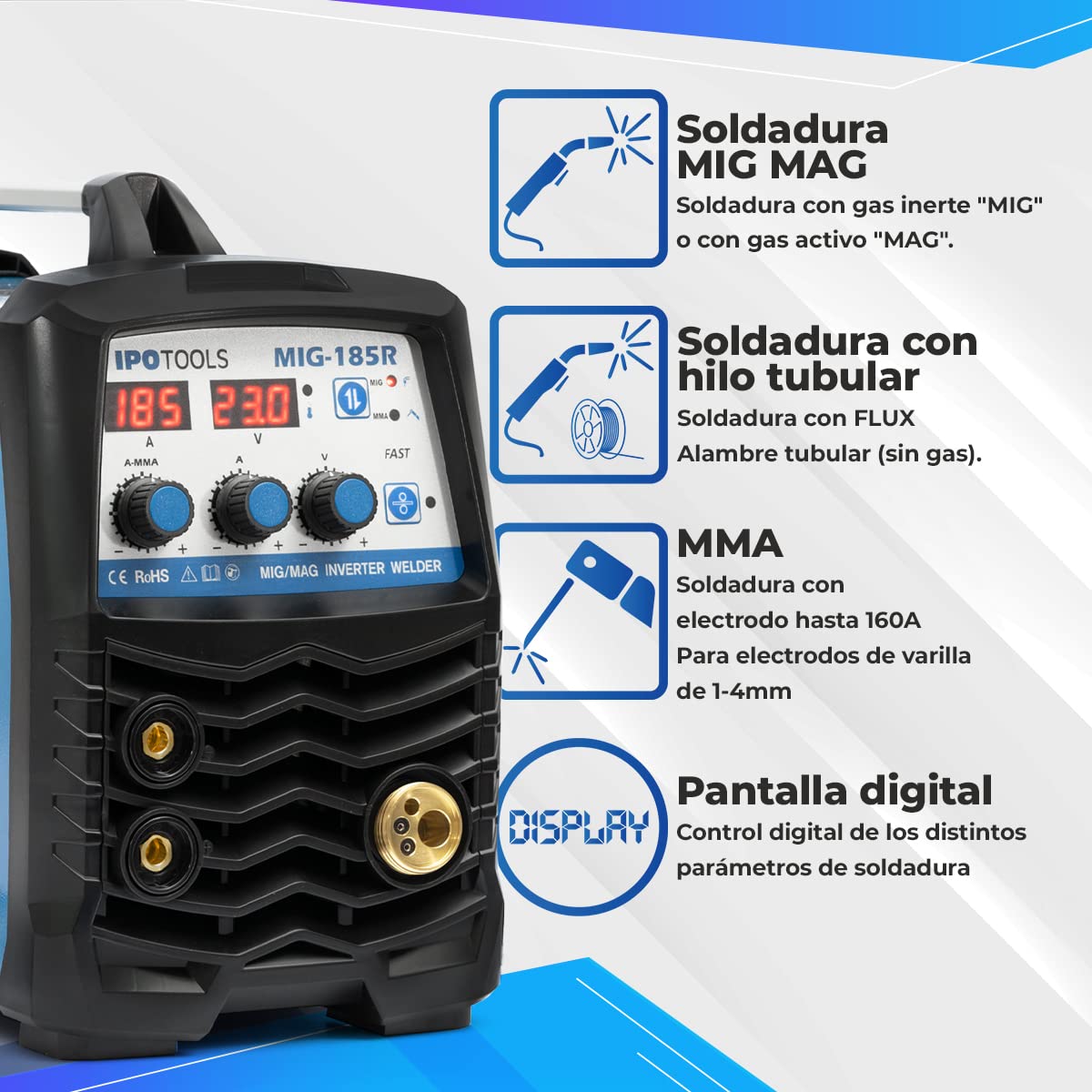 IPOTOOLS MIG-185R Máquina de soldar MIG MAG - Máquina de soldar MIG con 185A 230V IGBT, Máquina de electrodos 3 en 1 MIG Flux MMA, Máquina de soldadura inverter portátil, 7 años de garantía