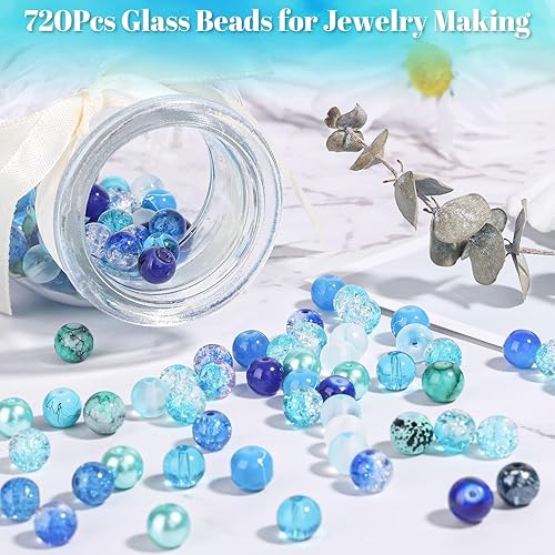 Miniatura 4 de PAXCOO 720 piezas Cuentas de vidrio para hacer joyas 8mm, kit de fabricación de pulseras de cuentas de 24 colores Cuentas sueltas redondas azules