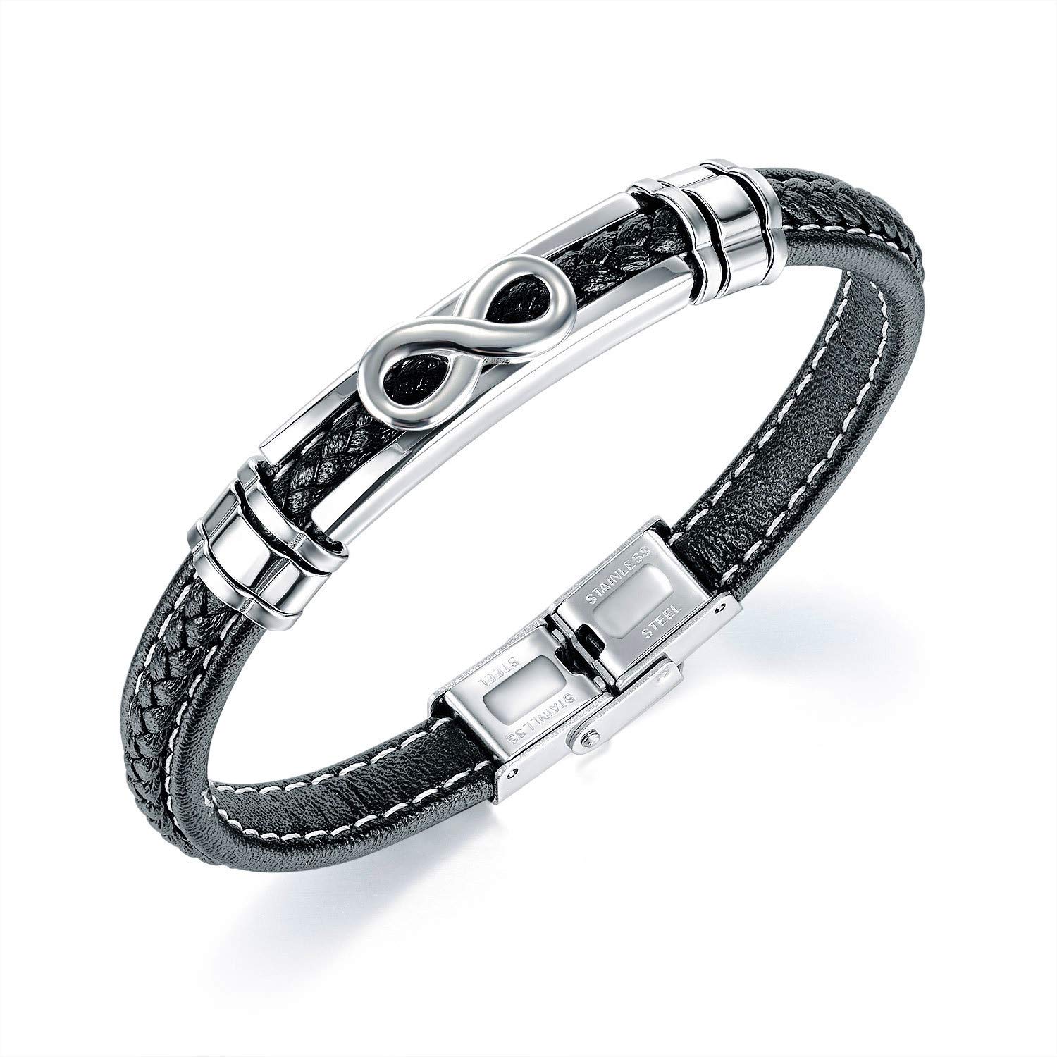 ATEIELLI Bracciale Uomo Infinito Acciaio Inossidabile Pelle 21.5cm Regolabile B310