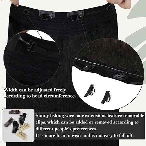 Miniatura 4 de Sunny - Extensiones de cabello con hilo de nailon, color negro azabache, extensiones de cabello humano real, extensiones de hilo de nailon,