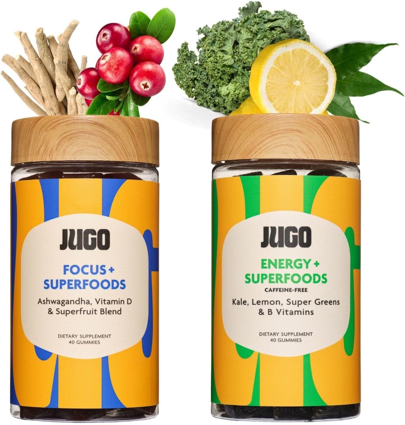 JUGO Focus + Energy Gummies Bundle – Plant-Based Superfoods with Ashwagandha, Vitamin B12 & Supergreens – Caffeine-Free Focus & Daily Energy Support