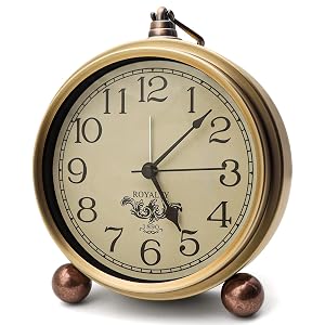 Maxspace Metal Golden Table Clock Retro Vintage Non-Ticking Small Alarm Clock Battery Operated Silent Quartz Movement HD Glass