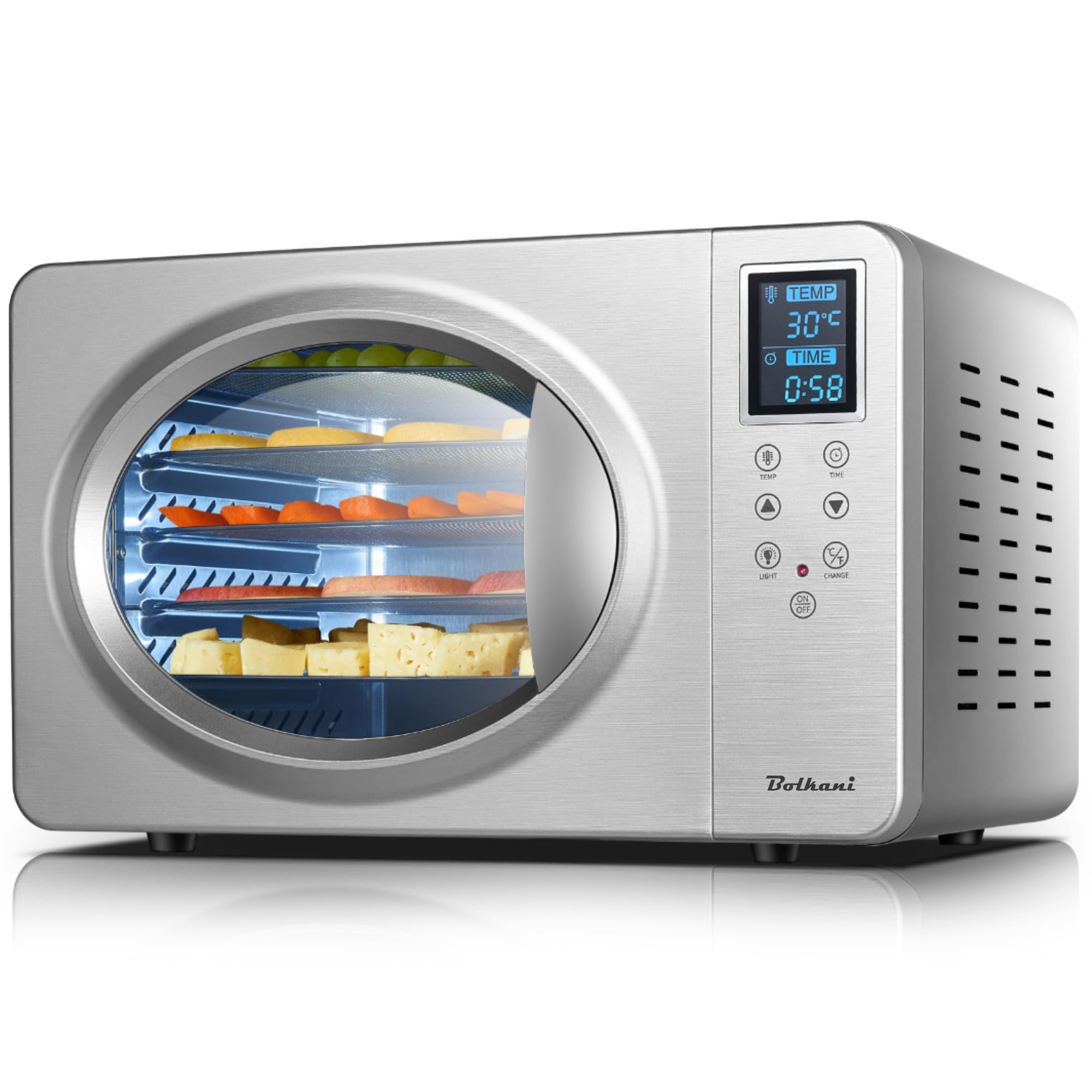 suszarka do żywności ze stali nierdzewnej, 6 tacek, 500 W, wyświetlacz LED, 20 – 90 °C, 24-godzinny timer, cicha praca, łącznie z tacką ociekową i matą osuszającą do owoców i mięsa
