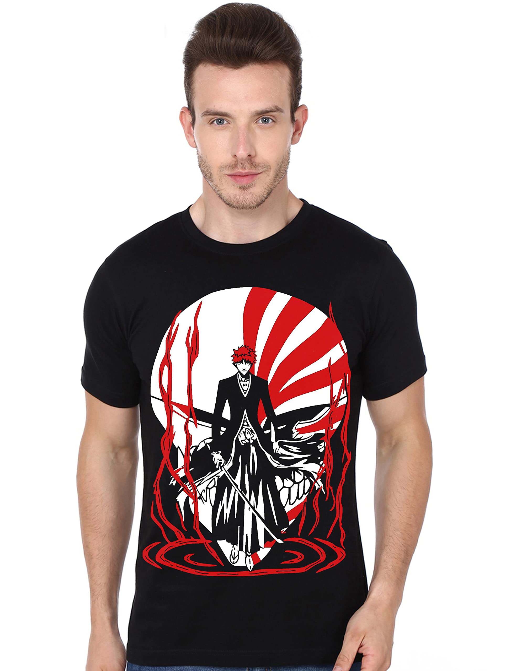 COOQUE Round Neck Half Sleeve Printed Anime Bleach Face Back T-Shirt for Men's/Boy's (Black)