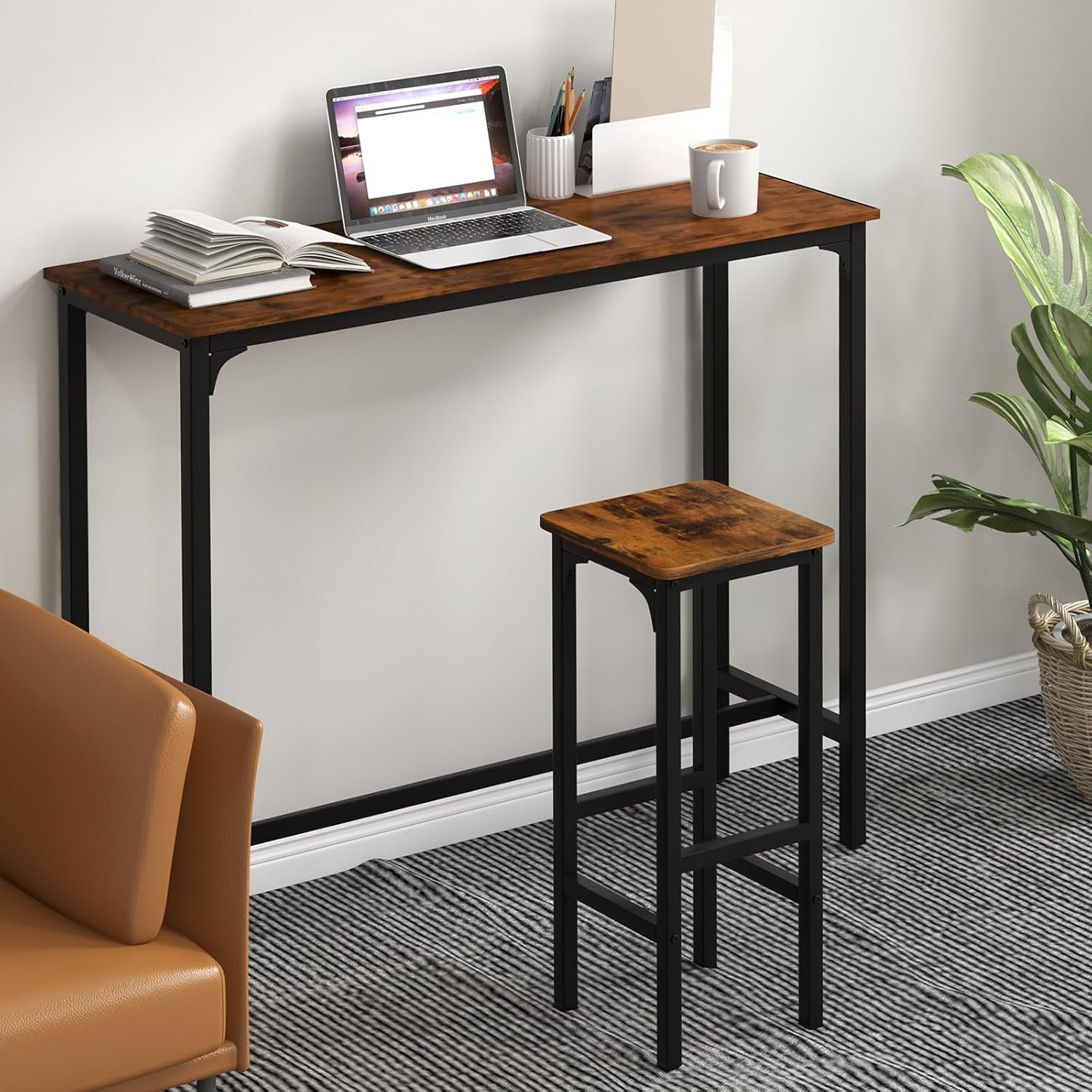 Set of 2 Black and Rustic Brown Adjustable Wood and Metal Bar Stools