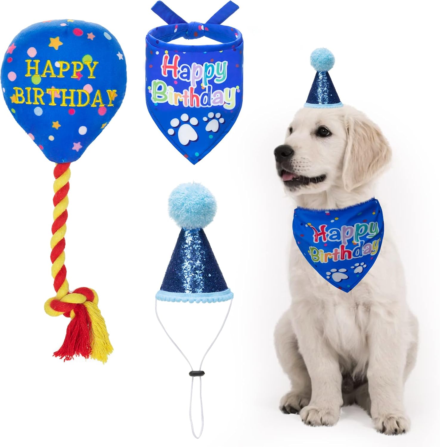 KOOLTAIL Dog Birthday Bandana Hat Balloon Plush Toy Set, Cute Pet Happy Birthday Accessory Puppy Chew Toy for Dogs Cats Puppies