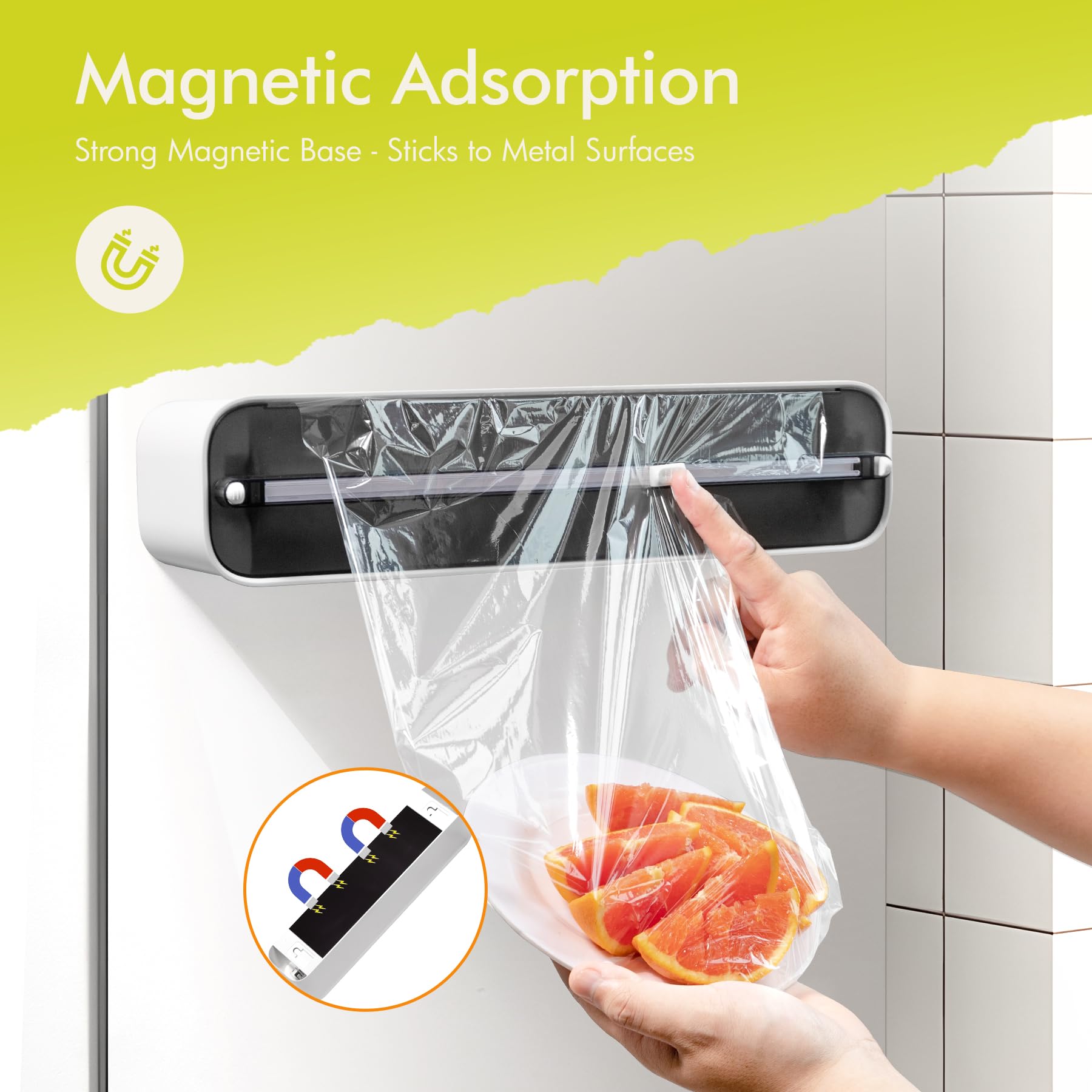 Frischhaltefolienspender mit Cutter - Magnetische & Klebebefestigung ohne Bohren, Folienschneider für Frischhaltefolie & Alufolie, Folienspender Schublade - Küchenorganizer bis 300m, Schwarz