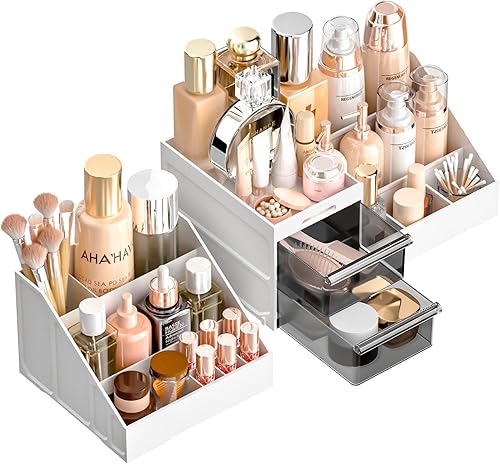 Organizador de maquillaje con cajones vitrina cosmética para encimera de baño tocador tocador para brochas lociones lápiz labial esmalte de uñas y