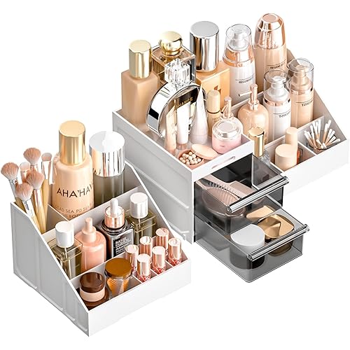 Makeup Organizer, Large Capacity Organizers, Make Up Organizers and Storage with Drawers, Makeup Organizer for Vanity for Makeup Brush, Nail Polish and Beauty Supplies White/Black