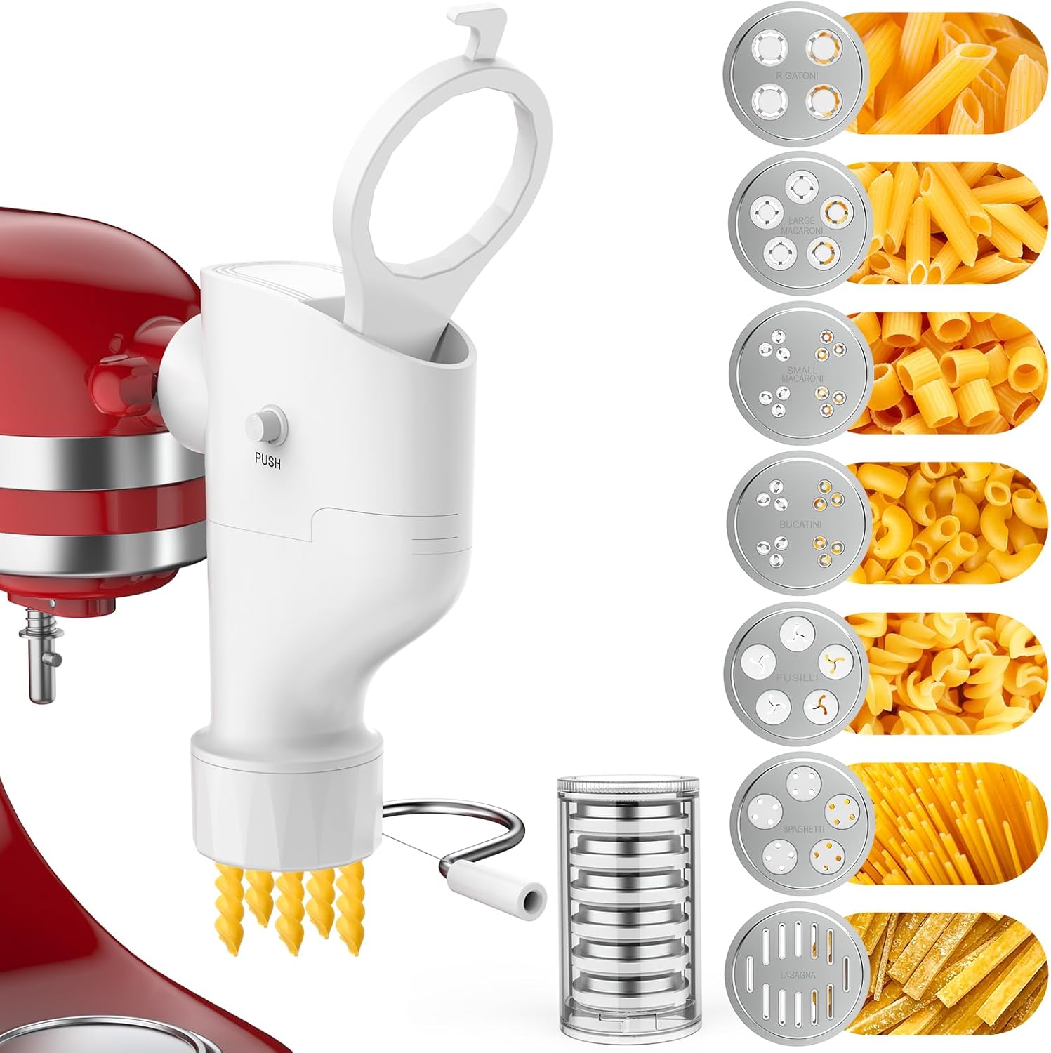 Gourmet Pasta Press Attachment for KitchenAid Stand Mixers – 7 Interchangeable Pasta Plates for Spaghetti, Bucatini, Fusilli & Macaroni, New Buckle Design with Storage Case by Fedowal