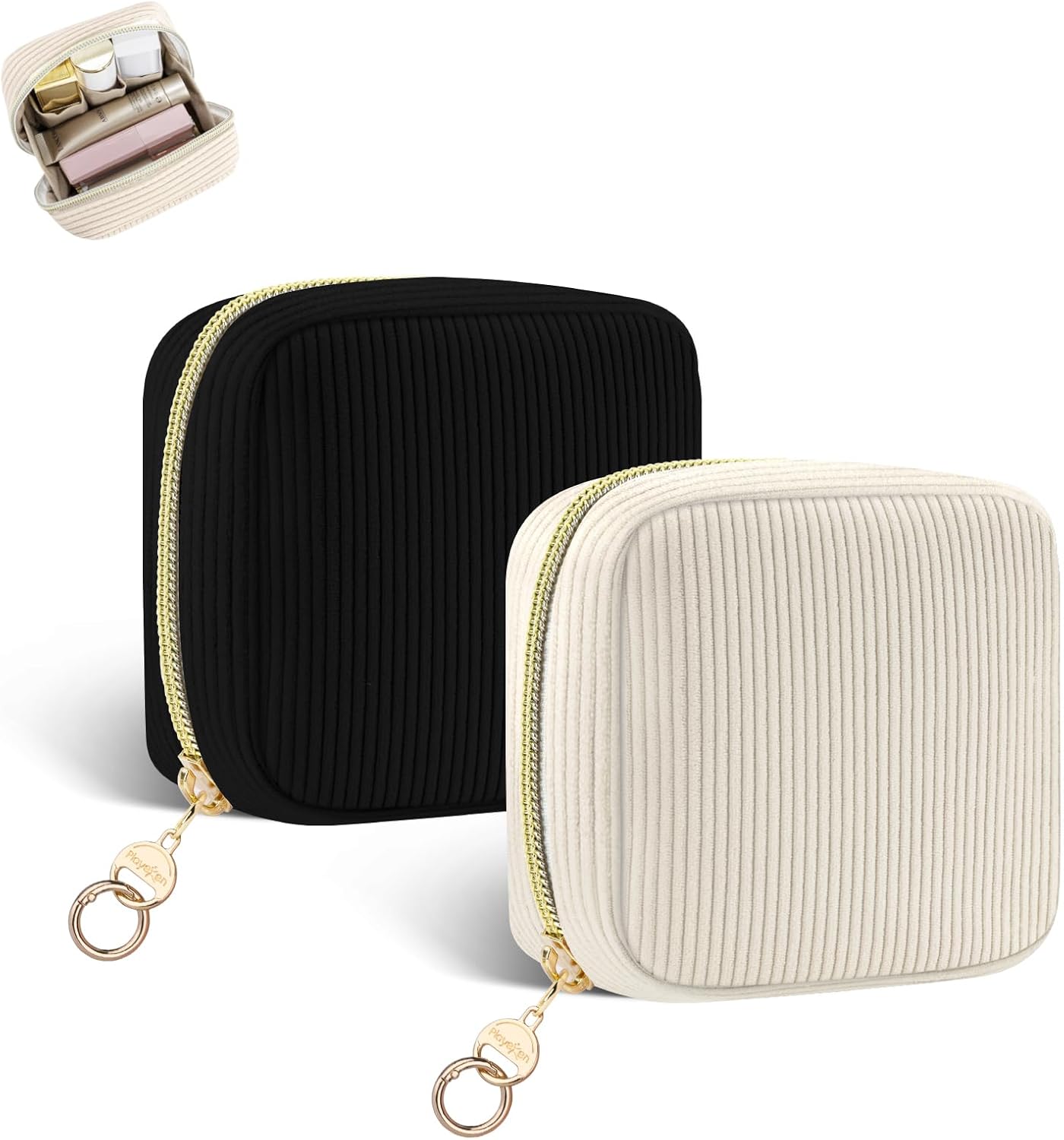 2 Pack Small Makeup Bag for Purse, Corduroy Mini Cosmetic Pouch with Ring Buckle & 4 Inner Pockets, Portable Travel Makeup Pouch for Lipsticks, Coins, Earphone (Black+Beige)