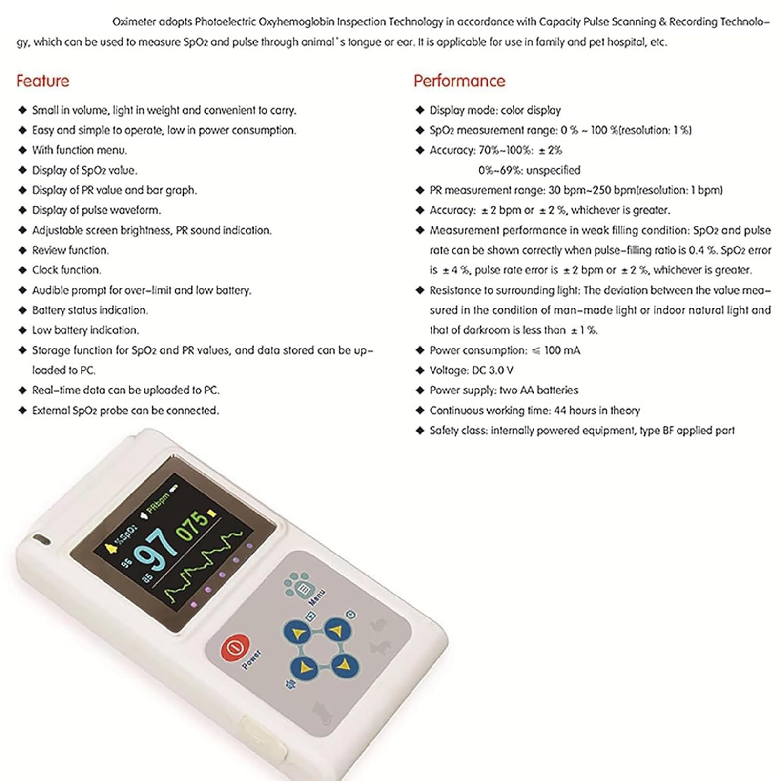 Pulsossimetro Auricolare Veterinario, Pulsossimetro Portatile per Animali, Display OLED. Luminosità dello Schermo Regolabile, per Il Tuo Cane, Gatto, Cavallo, Mucca, Pecora, Coniglio