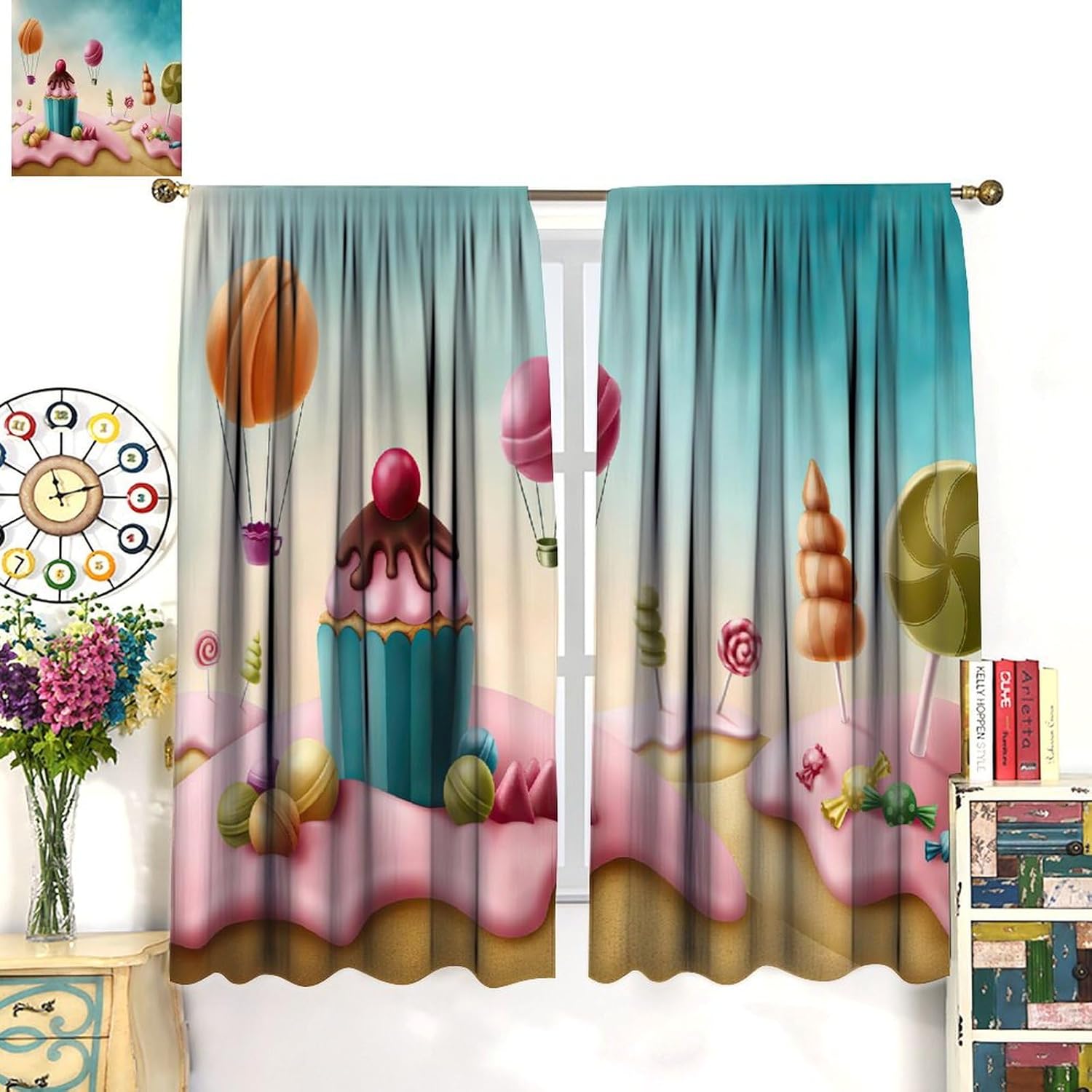 Candy Curtains Fantasy Surreal Candyland Cupcake Bonbon Lollis Food Sweets Ice Cream Curtain with Rod Pocket for Bedroom Living Room Drapes Window Treatments 2 Panels Set 42" W X 45" L