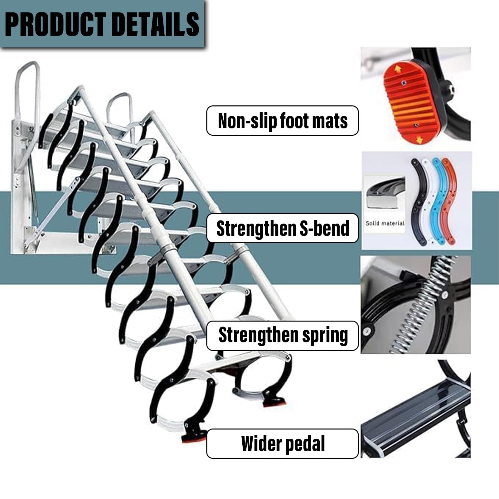 Dachbodentreppe, 9 Stufen Extra-Breite Stahl wandmontierte Versenkbare Treppe, Dachbodenleiter Ausziehbar, Dachtreppe, mit 2 Handläufen, Tragkraft 300 kg, rutschfesten Stufen