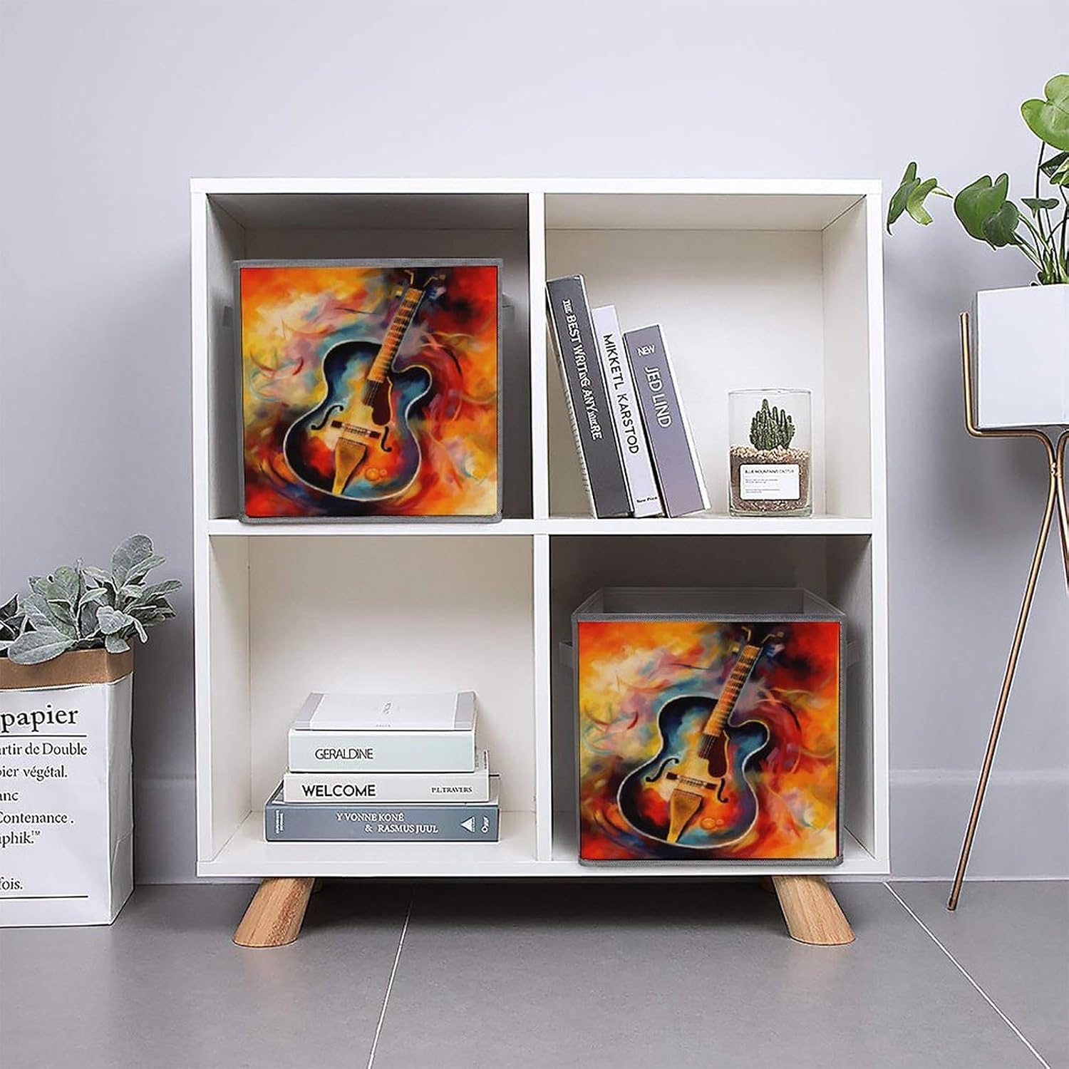 Abstract Watercolor Guitar Storage Cubes Set of 6 Storage Bins with Handles Collapsible Storage Basket Fabric Storage Box for Shelves Large Closet Shelf Organizer for Organization 11 Inch