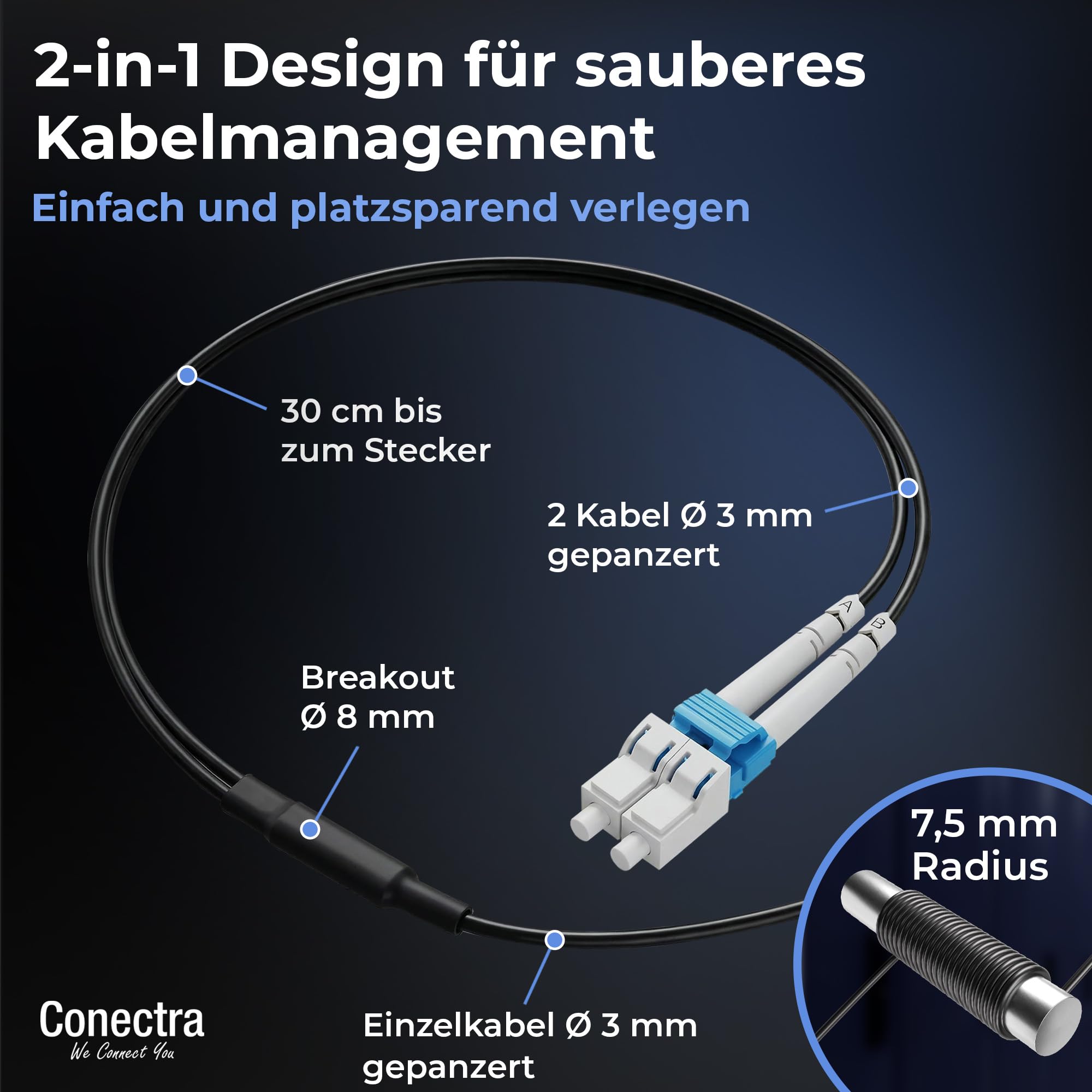 30m Gepanzertes OS2 Duplex Glasfaser-Kabel LC/UPC für Innen- und Außen-Einsatz – LWL Lichtleiter Patch-Kabel Singlemode 9/125µm LC UPC LSZH Fiber Optic Cable Indoor/Outdoor ⌀3mm Schwarz