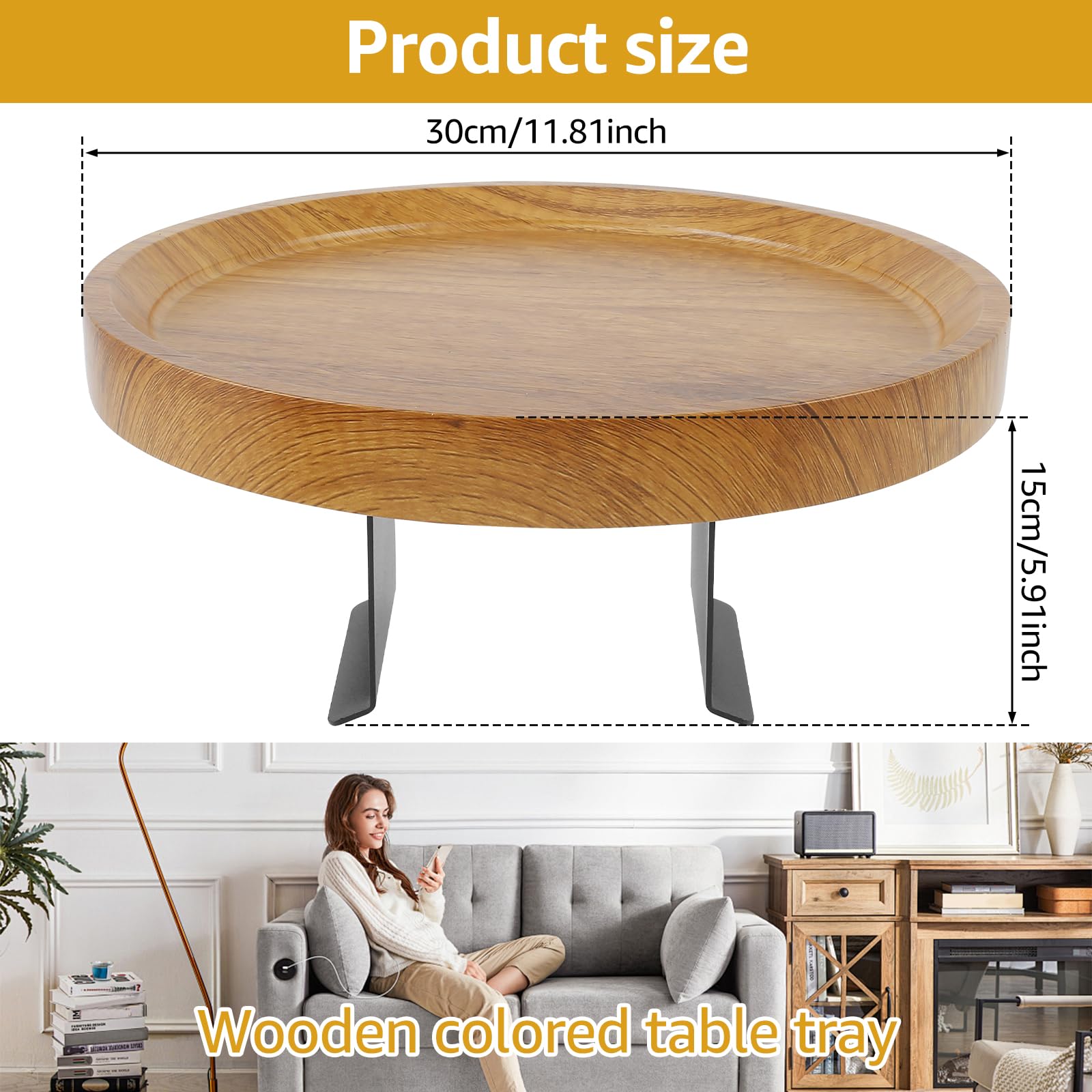 Plateau De Canapé Clipable 30x30 Cm Marron Clair - Table Accoudoir Pliable Pour Canapé Large