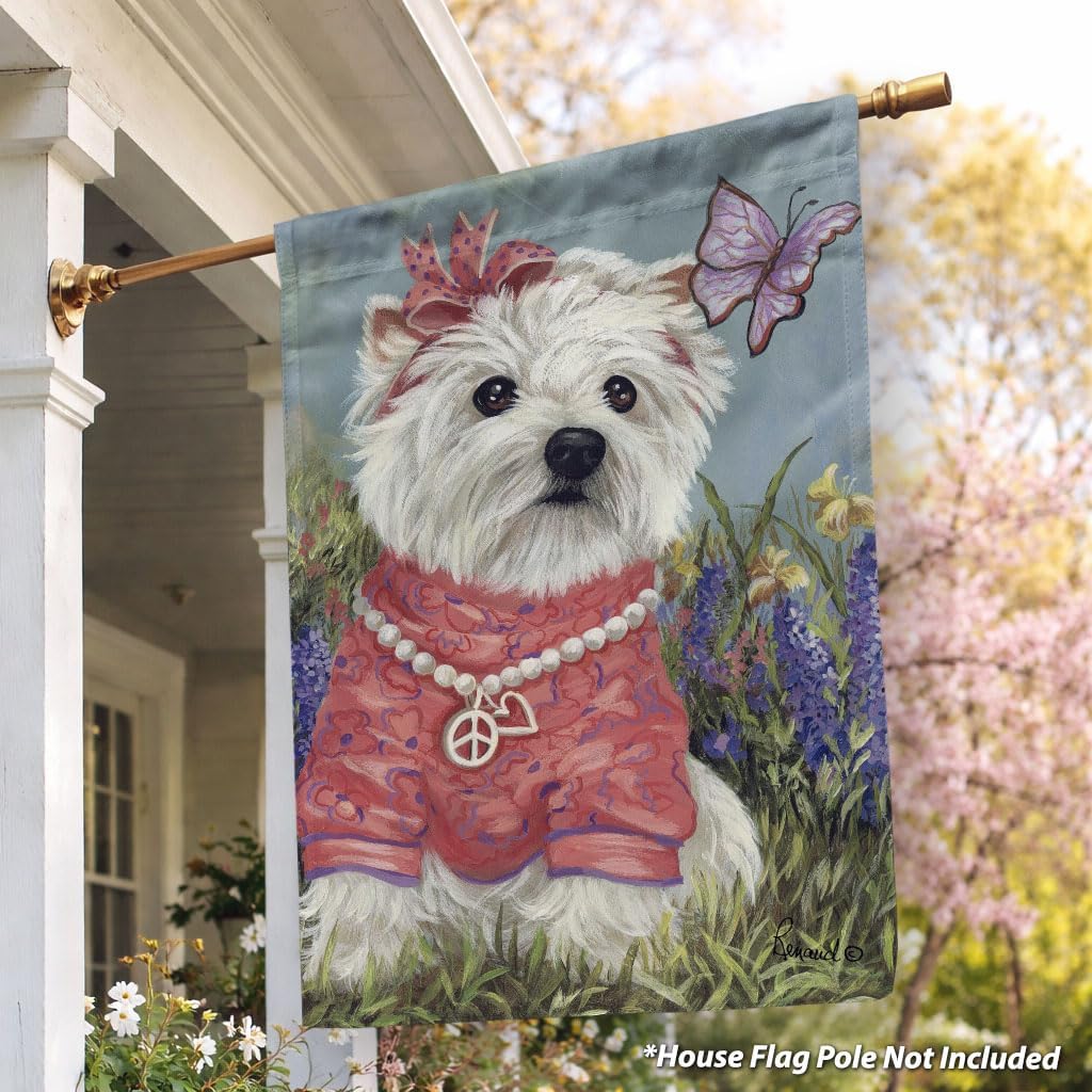 Flagology, West Highland Terrier Westie Butterfly Spring House Flag 28” x 40”, Precious Pets Paintings, Outdoor Spring Decor, Decorative Dog Lover Flag