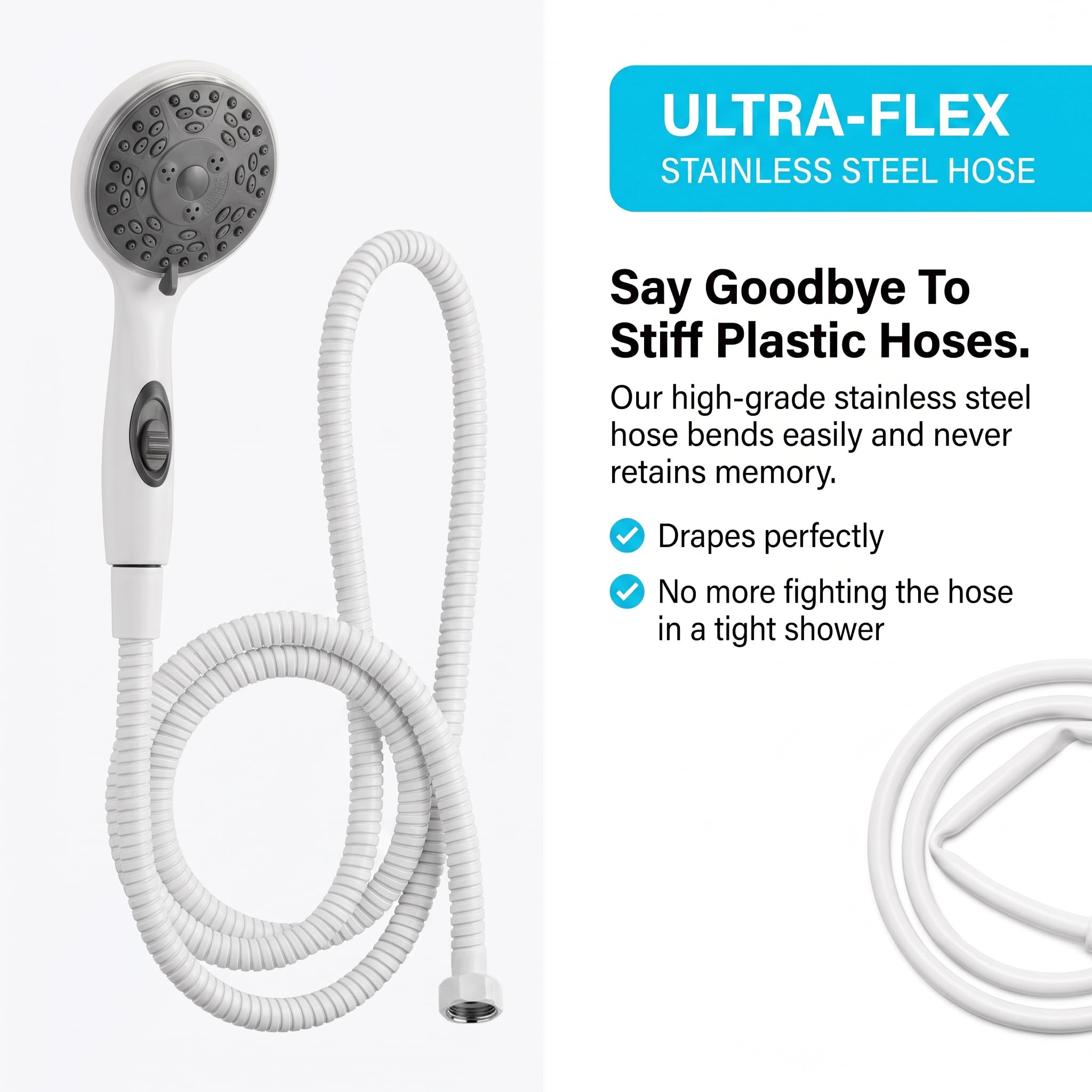 Kit de ducha de mano y manguera Dura Faucet Premium para autocaravanas - Interruptor de encendido/apagado ecológico (blanco)