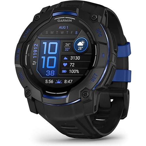 Garmin Instinct® 3 – 50 mm, AMOLED Display, Rugged Outdoor GPS Smartwatch, Built-in Flashlight, Supernova Collection Limited Edition Color, Black with Black/Bolt Blue Silicone Band