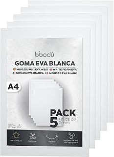 BIBODU Goma Eva 5mm, color Blanco, Pack 5 láminas, Tamaño A4 210x297 mm, Densidad 80 kg/m3 | Espuma Foam Material Manualidades, Cosplay, Tapizar, Halloween | Apto niños y niñas (Blanco, 5mm)